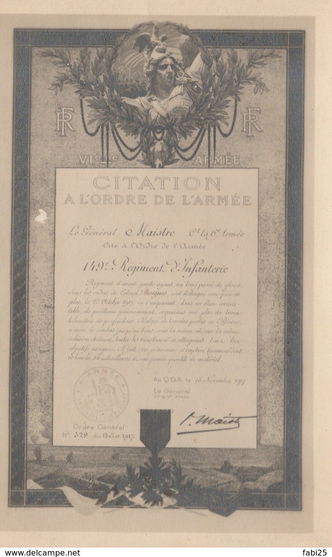 MILITARIA CITATION A L ORDRE DE L ARMEE LE GENERAL MAISTRE 149 EME REGIMENT D INFANTERIE - Guerra 1914-18