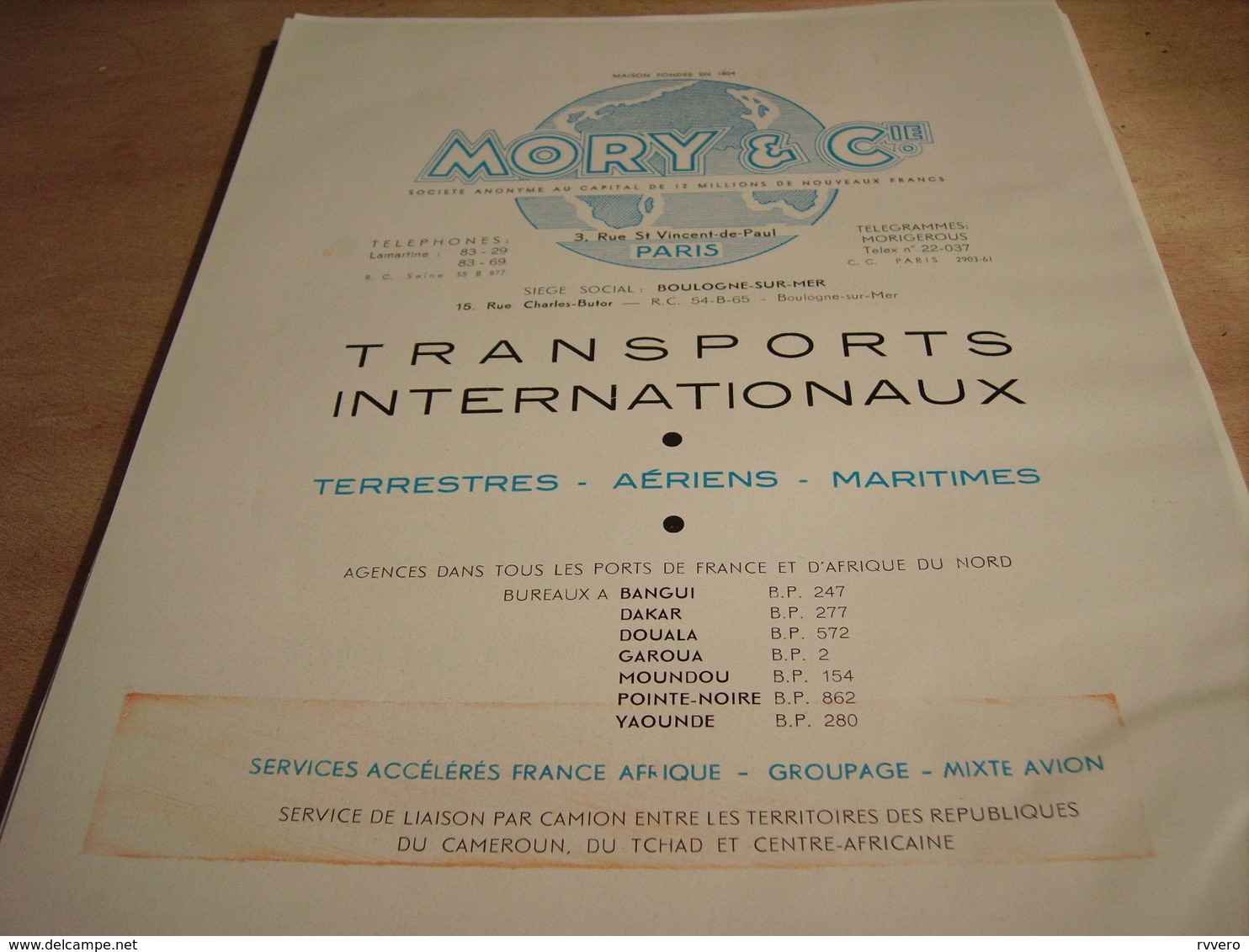 ANCIENNE PUBLICITE TRANSPORT INTERNATIONAUX MORY 1960 - Autres & Non Classés