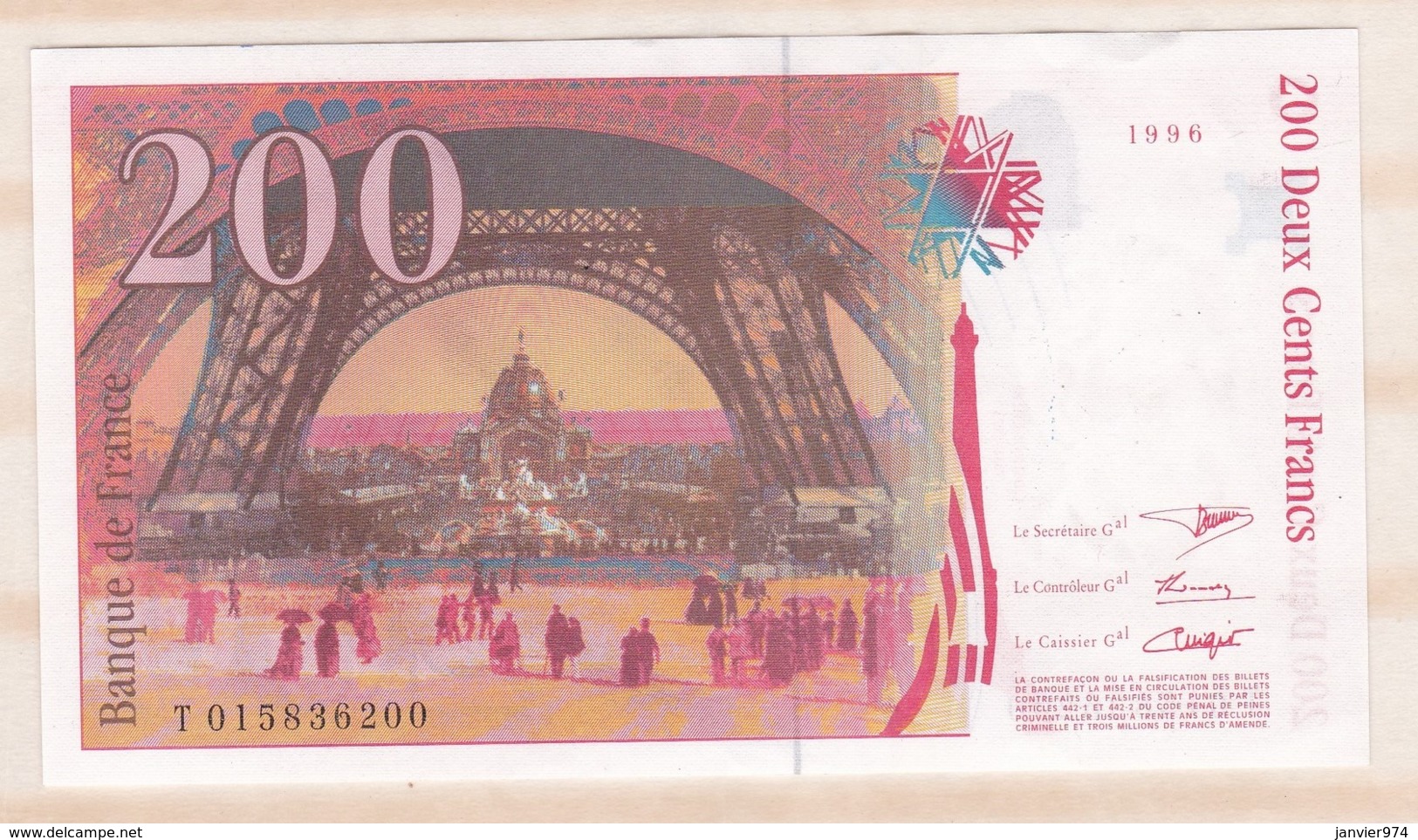 200 Francs Eiffel 1996 Série T.015836200. Billet Neuf. - 200 F 1995-1999 ''Eiffel''