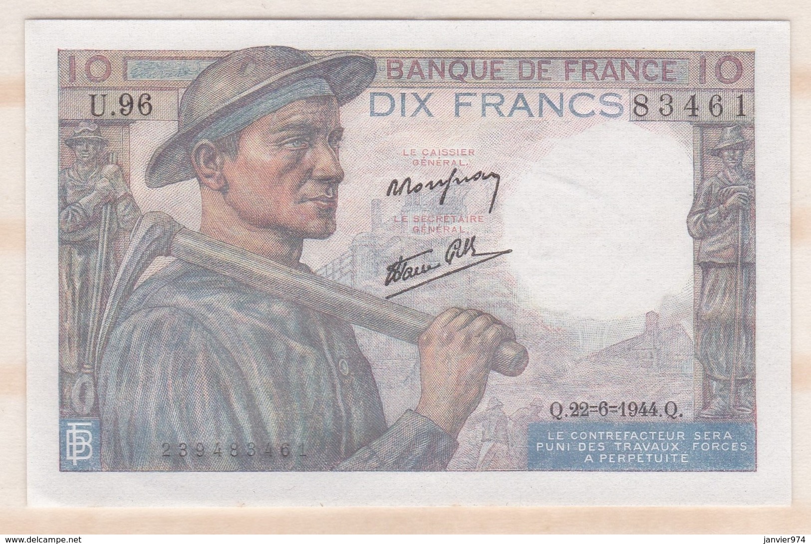 10 Francs Mineur 22 6 1944 Alphabet U.96 N° 83461, Billet Neuf - 10 F 1941-1949 ''Mineur''