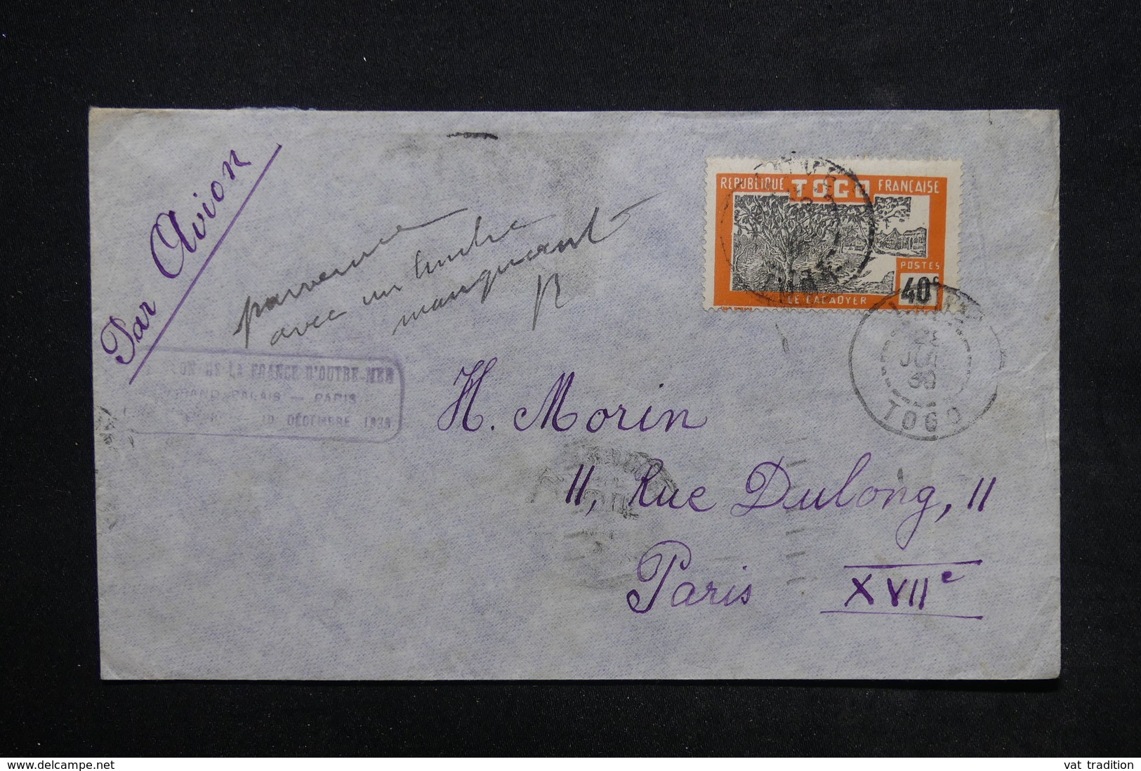 TOGO - Enveloppe De Lomé Pour Paris En 1939 Par Avion, Mention Manuscrite " Parvenu Avec Timbre Manquant " - L 24250 - Lettres & Documents