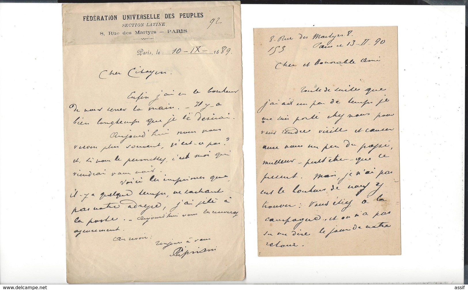 AMILCARE CIPRIANI  1843 Anzio  1918 Paris 2 Lettres  Autographe 1888 - 1890 Au Général Bordone - Other & Unclassified