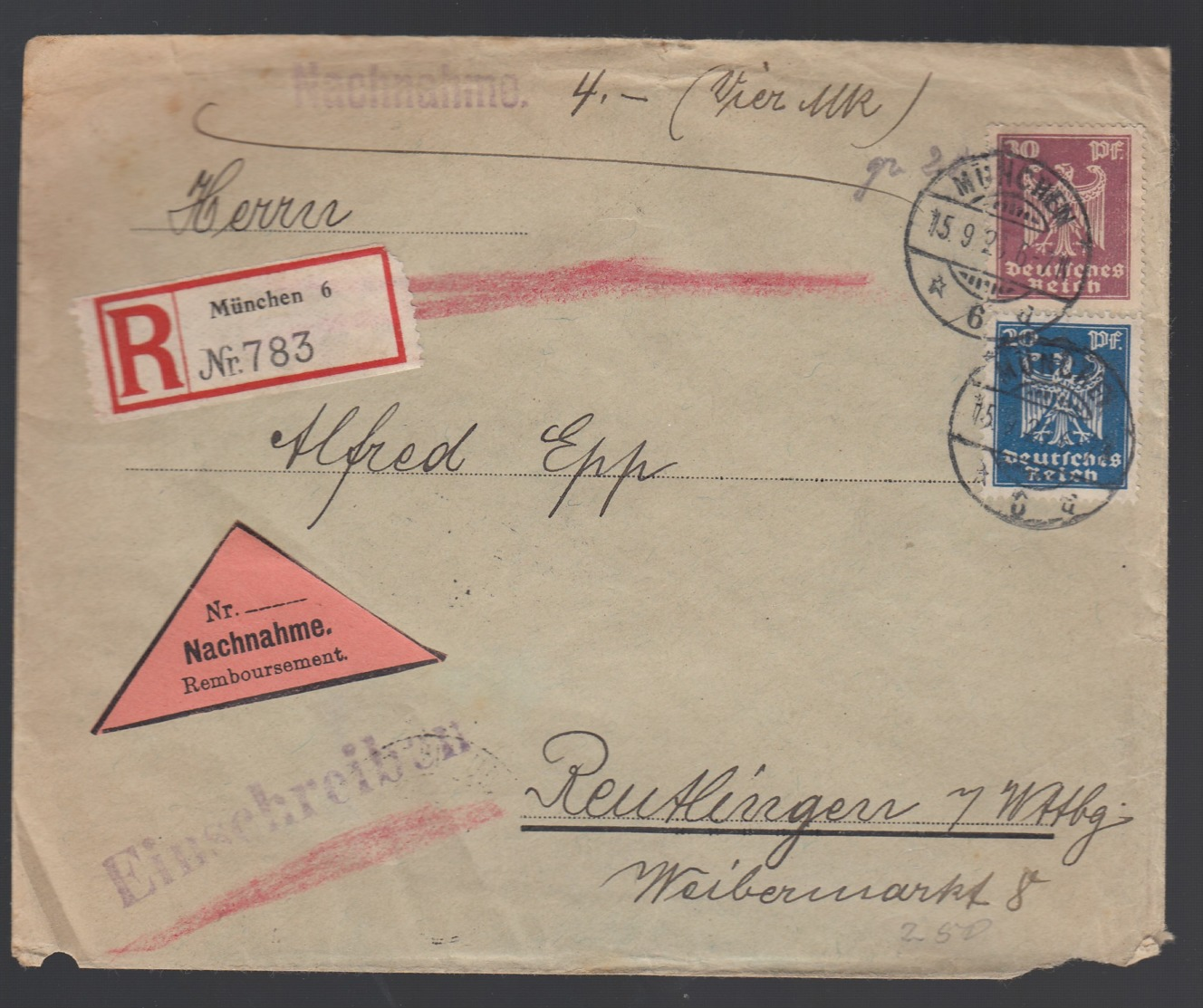 Deutsches Reich Einschreiben Nachnahme Brief 1926 München Nach Reutlingen Lot 1598 - Other & Unclassified