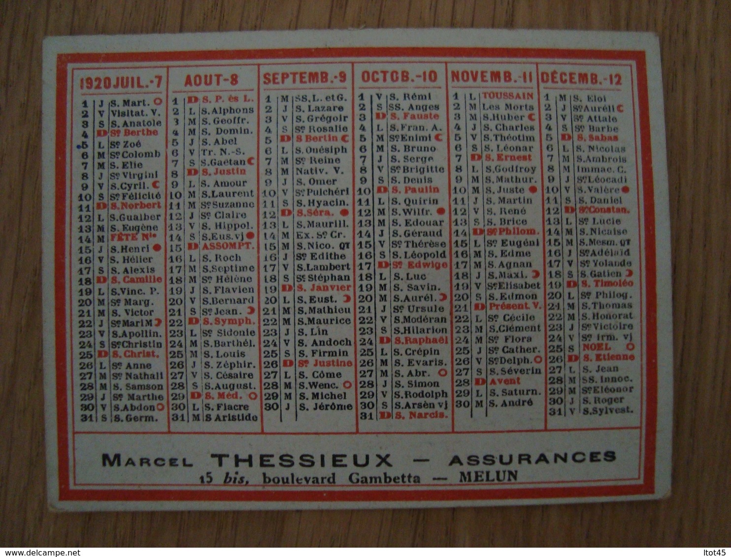 CALENDRIER MARCEL THESSIEUX ASSURANCES MELUN 1920 - Petit Format : 1901-20