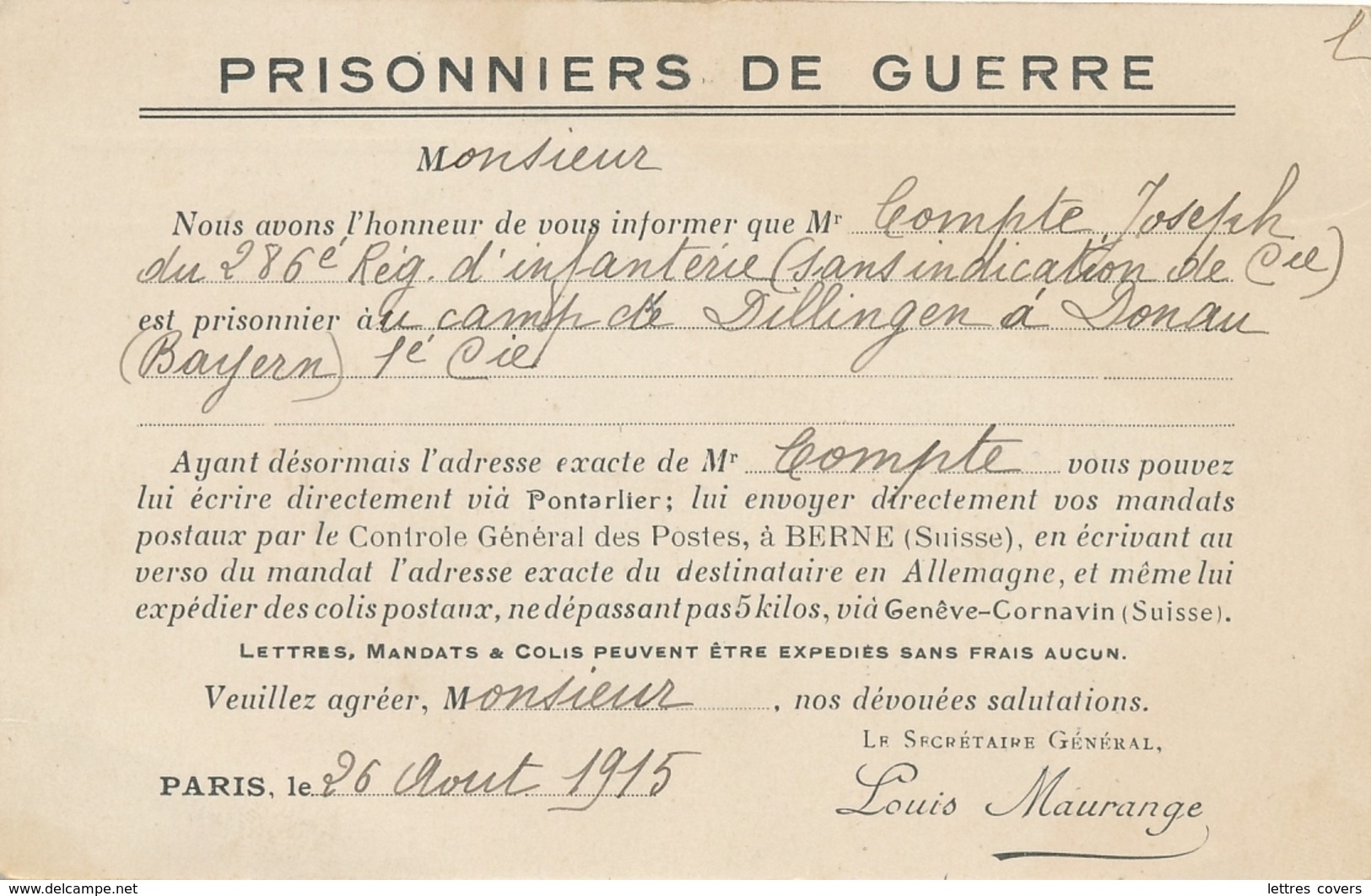 CPFM CROIX-ROUGE Renseignement Prisonnier De Guerre - Lettres Mandats Colis - Louis Maurange - Lettres & Documents