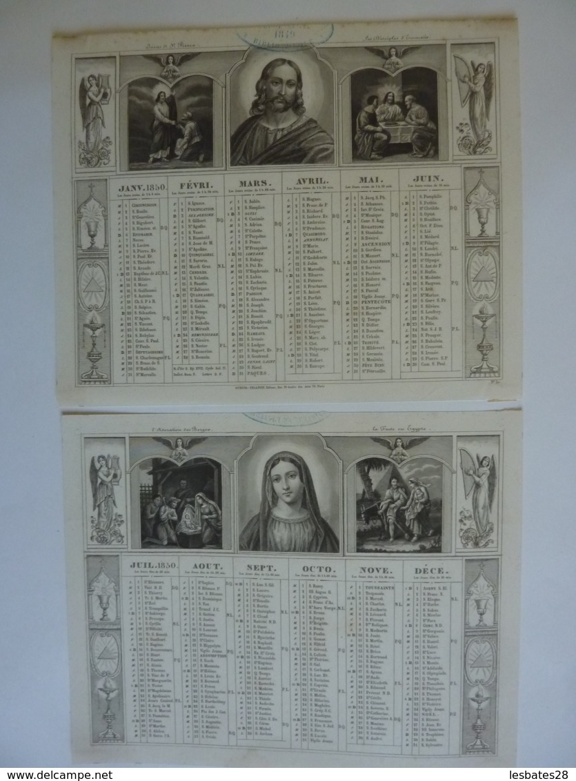 ALMANACH  1850  CALENDRIER SEMESTRIEL  Qté 2 Allégorie Religieuse Jesus Et St Pierre Etc  Et Arabesque    Lithographie - - Groot Formaat: ...-1900