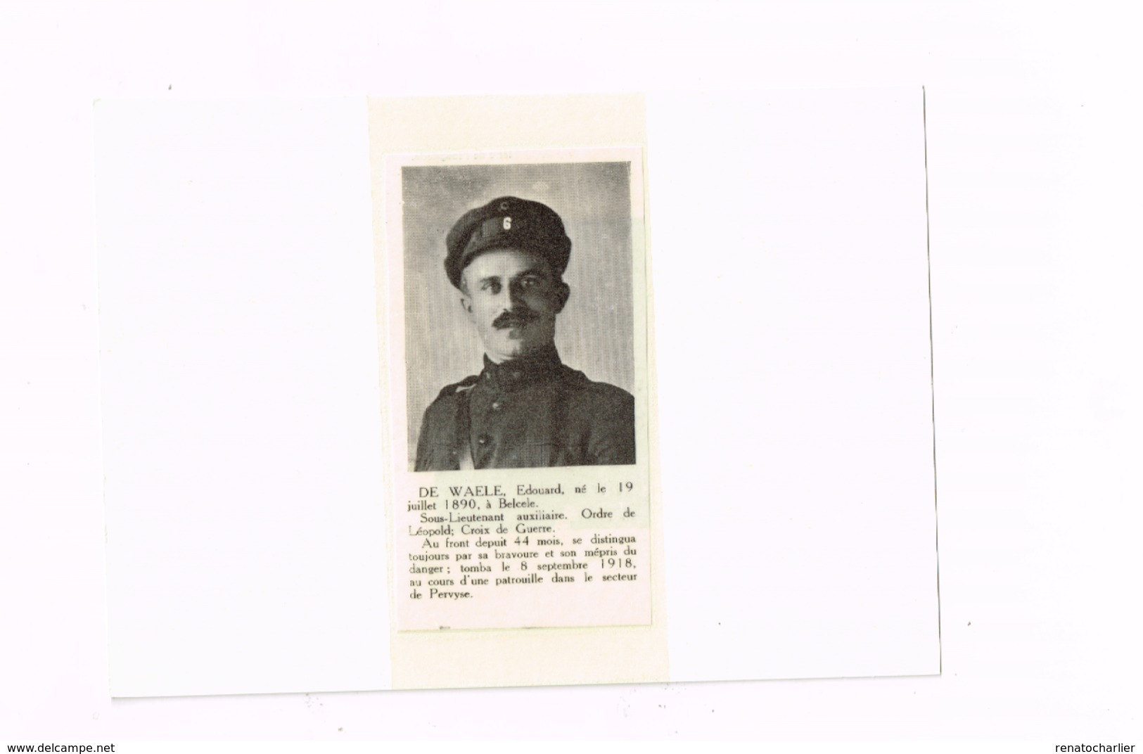 De Waele Edouard,sous-lieutenant,né à Belcele.Tué à Pervyse En 1918. Militaria WWI - Andere & Zonder Classificatie