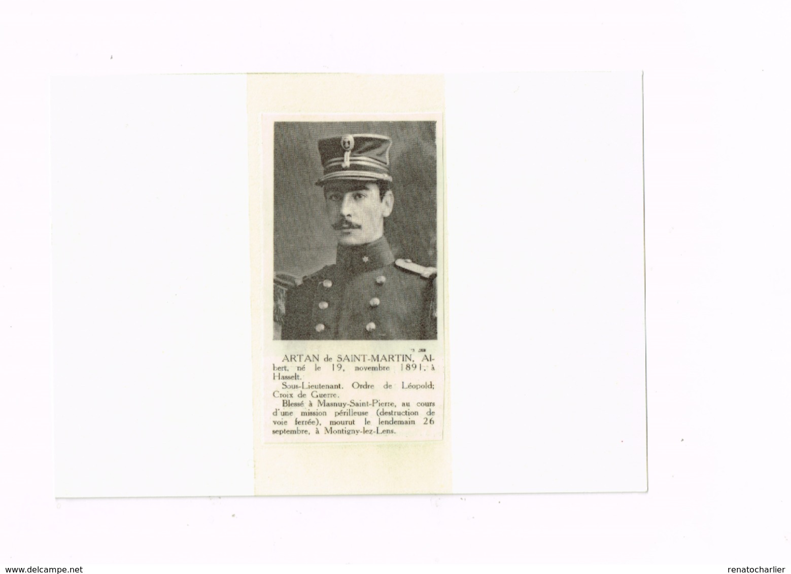 Artan De Saint-Martin Albert,sous-lieutenant,né à Hasselt,tué à Masnuy-Saint-Pierre.Militaria WWI - Andere & Zonder Classificatie