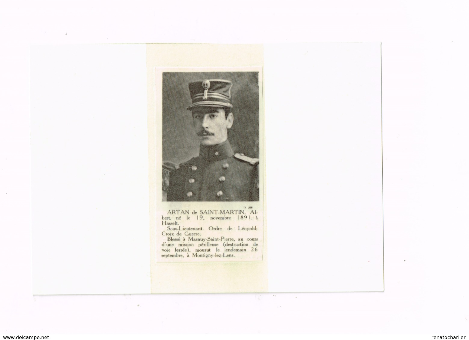 Artan De Saint-Martin Albert,sous-lieutenant,né à Hasselt,tué à Masnuy-Saint-Pierre.Militaria WWI - Autres & Non Classés