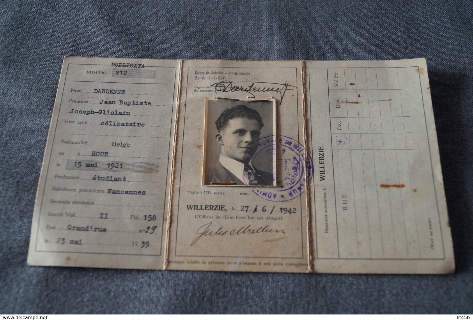 Willerzie 1942,ancienne Carte D'identité,Dardenne Jean-Baptiste,pour Collection D'encienne Carte. - Historische Documenten