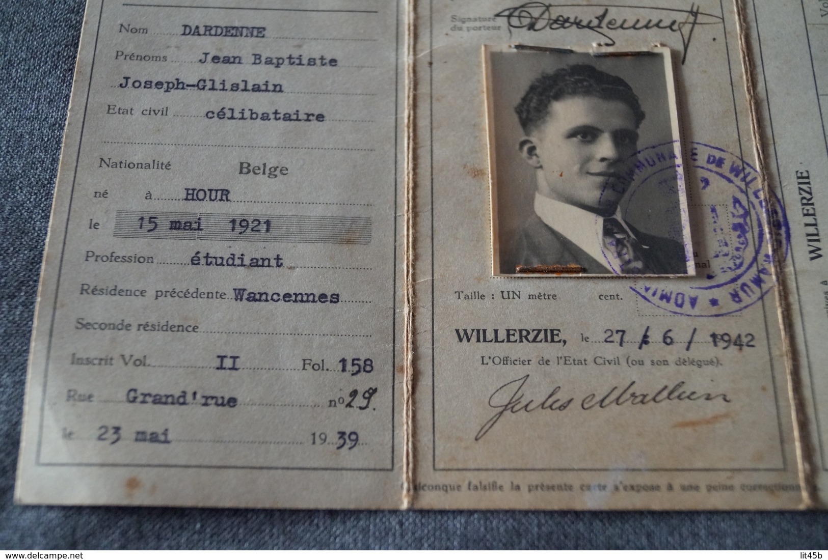 Willerzie 1942,ancienne Carte D'identité,Dardenne Jean-Baptiste,pour Collection D'encienne Carte. - Documents Historiques