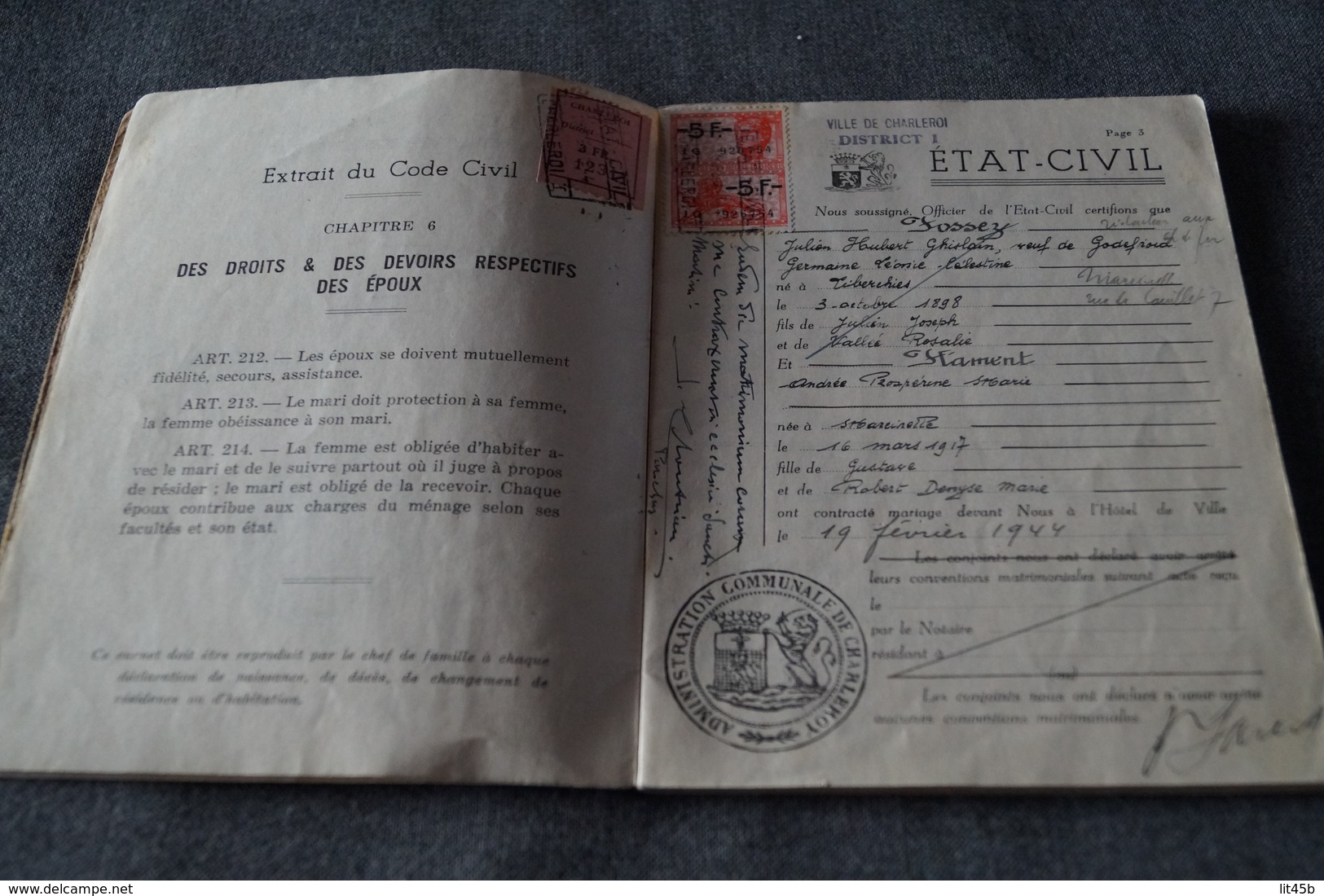 Charleroi,Fossez Julien Et Hament Andrée,1944,ancien Carnet De Mariage,pour Collection - Documents Historiques