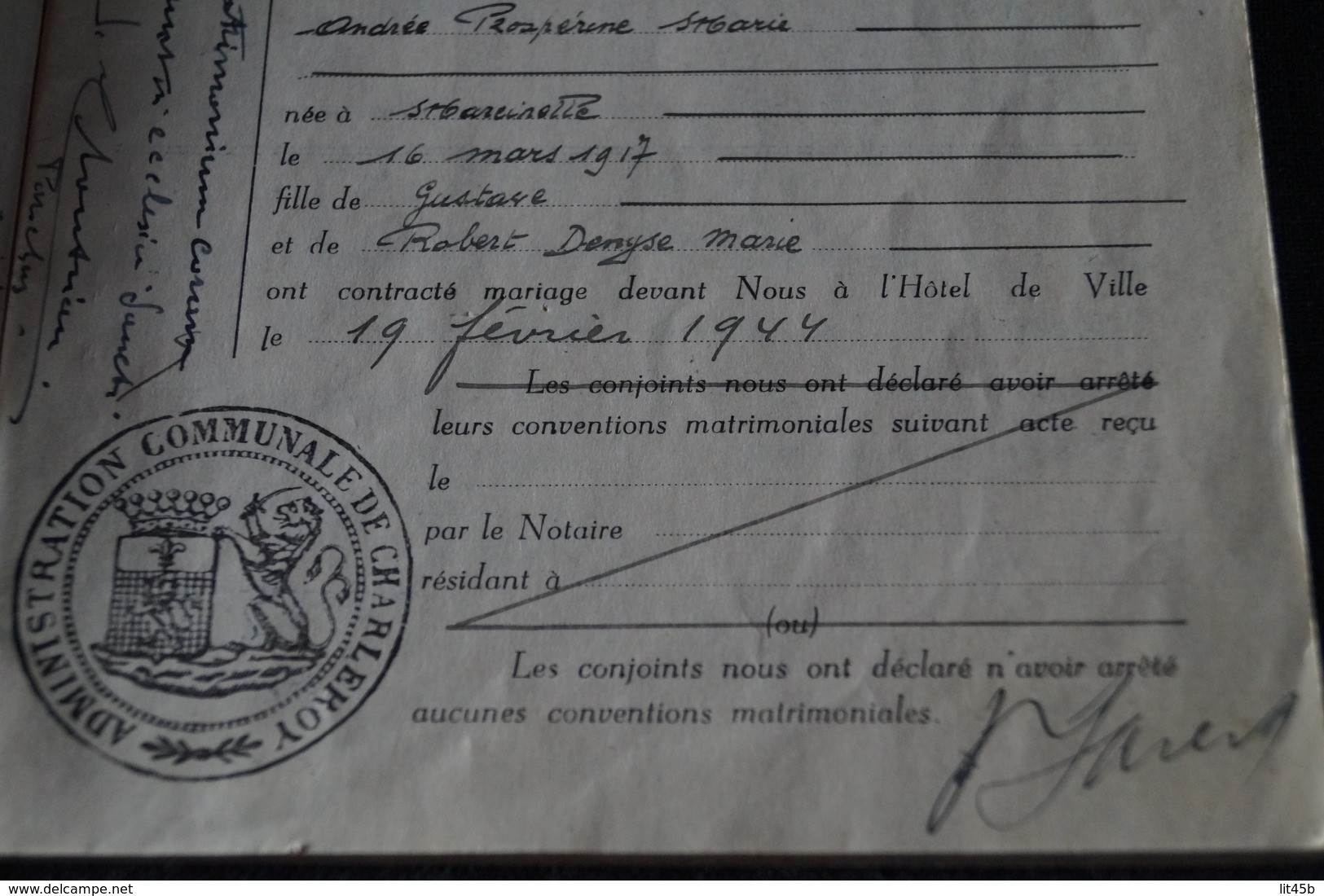 Charleroi,Fossez Julien Et Hament Andrée,1944,ancien Carnet De Mariage,pour Collection - Documents Historiques