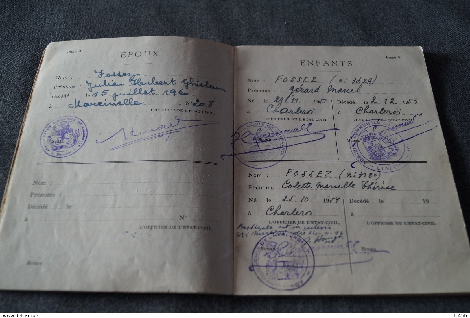 Charleroi,Fossez Julien et Hament Andrée,1944,ancien carnet de mariage,pour collection