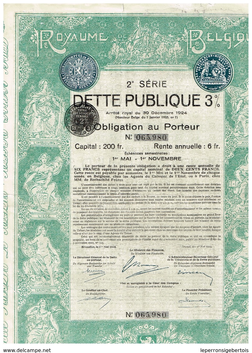 Obligation Ancienne - Royaume De Belgique - 2ème Série DETTE PUBLIQUE 3% 1925 - Titre Original -Déco - A - C