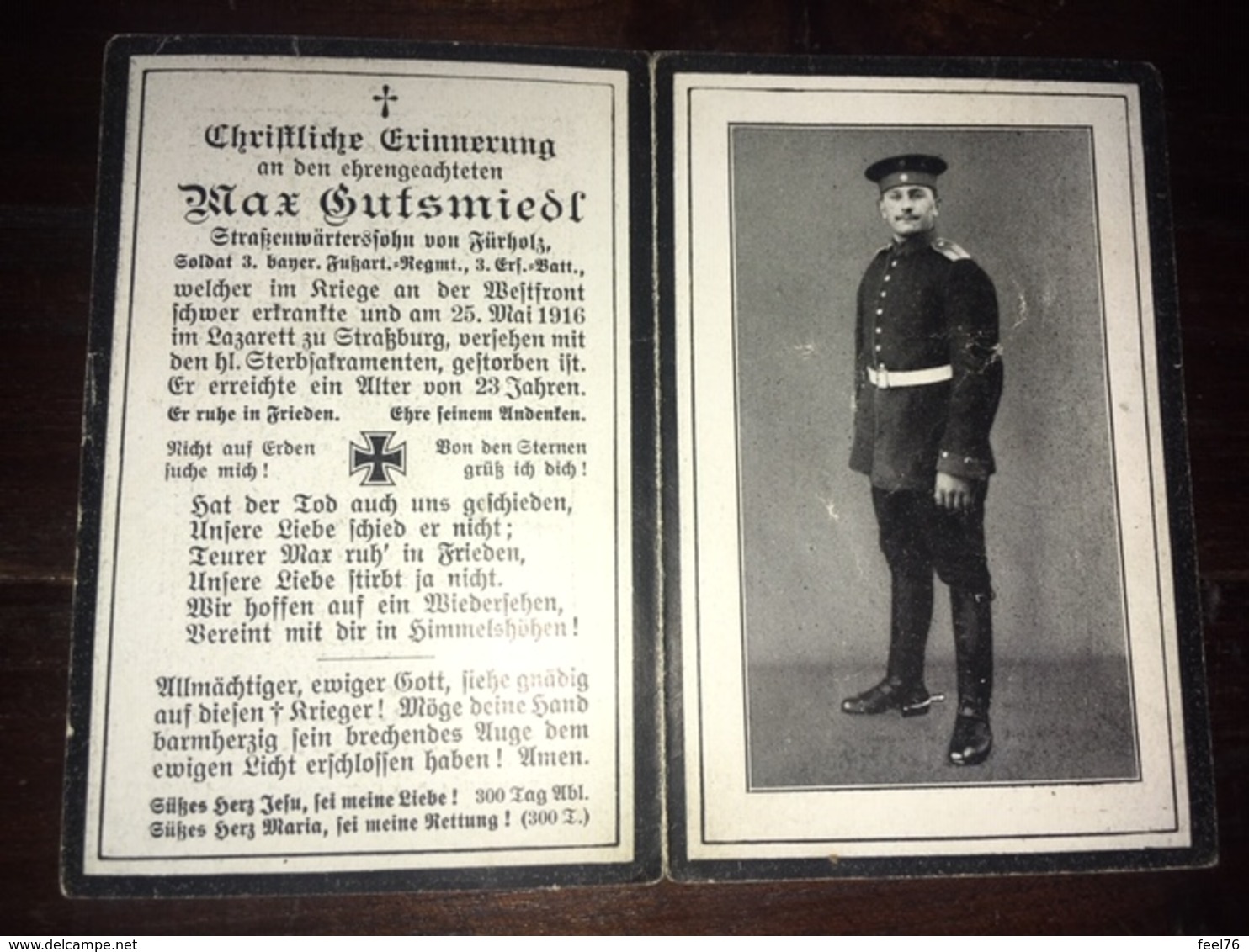 Sterbebild Wk1 Ww1 Bidprentje Avis Décès Deathcard Fuss AR3 Strassburg STRASBOURG CRONENBOURG Block 5 Grab 27 Fürholz - 1914-18