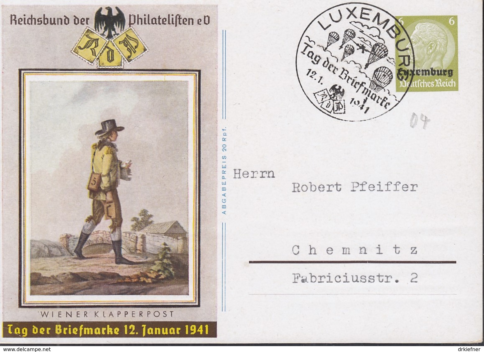 DR Besetzung LUXEMBURG  P 4, Mit Sonderstempel: Luxemburg Tag Der Briefmarke 12.1.1941 - Occupation 1938-45