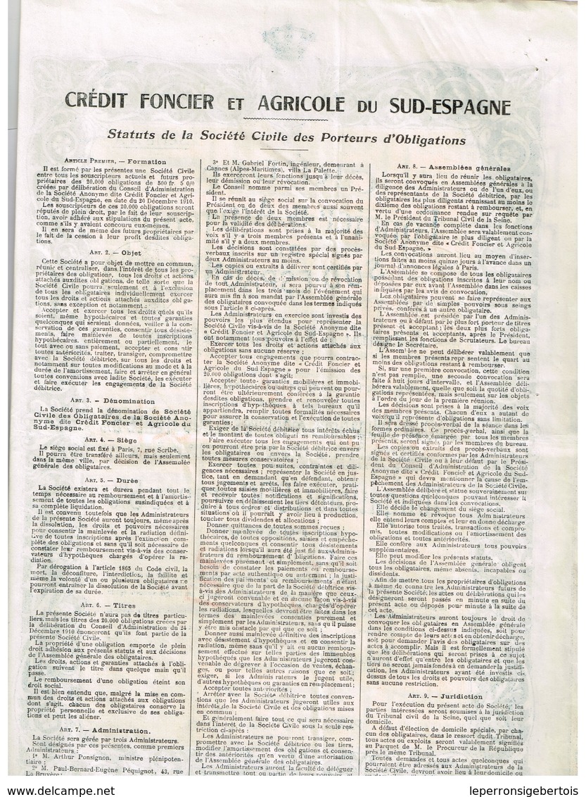 Obligation Ancienne - Crédit Foncier & Agricole Du Sud Espagne - Obligation  5 % 1920/1960 - Banque & Assurance