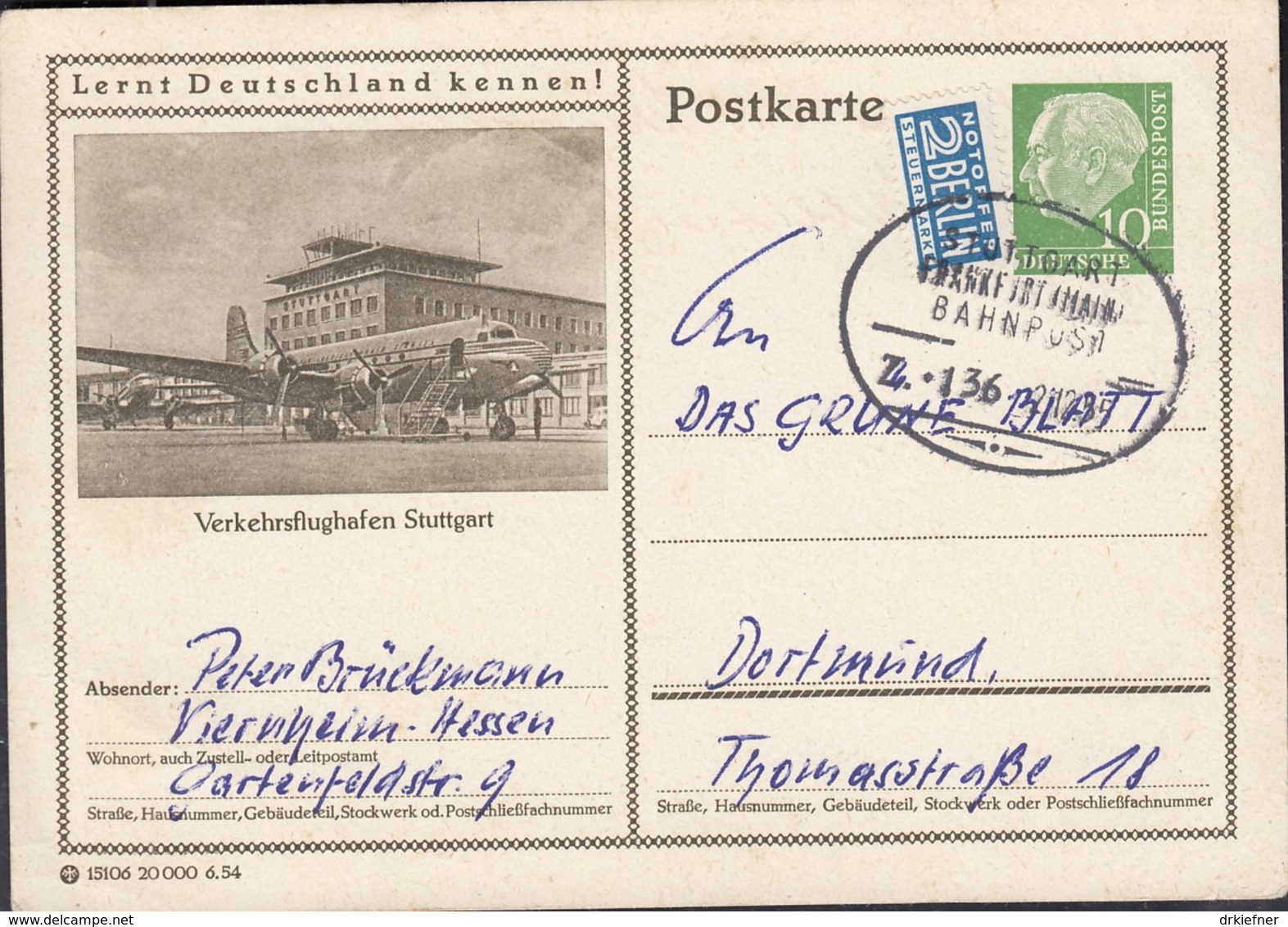 BRD P 23.115, 15106 6.54, Bildpostkarte: Stuttgart Verkehrsflughafen, Bahnpost St: Stuttgart-Frankfurt Zug 136-21.2.55 - Postales Ilustrados - Usados