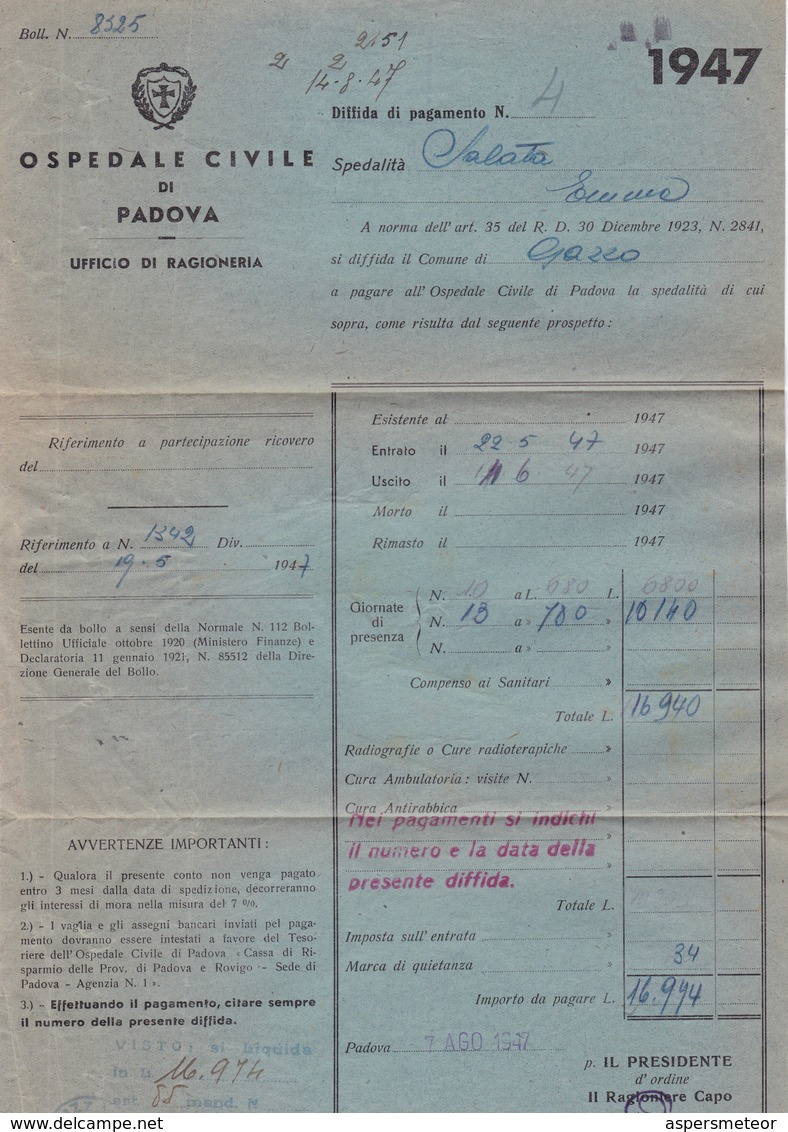 OSPEDALE CIVILE DI PADOVA RACCOMANDATA CON RICEVUTA DI RITORNO PADOVA A GAZZO 1947 STAMP A PAIR, FULL CONTENT ... -BLEUP - 1946-60: Poststempel