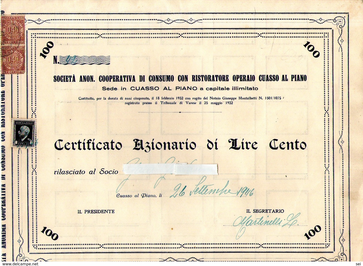 B 2462 - Scripofilia Coop Cuasso Al Piano, Varese - Altri & Non Classificati