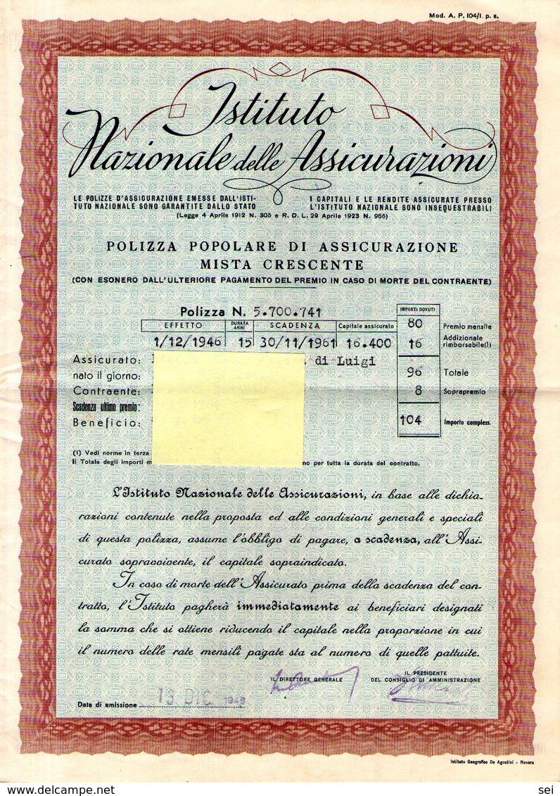 B 2463 - Polizza I.N.A. - Banca & Assicurazione