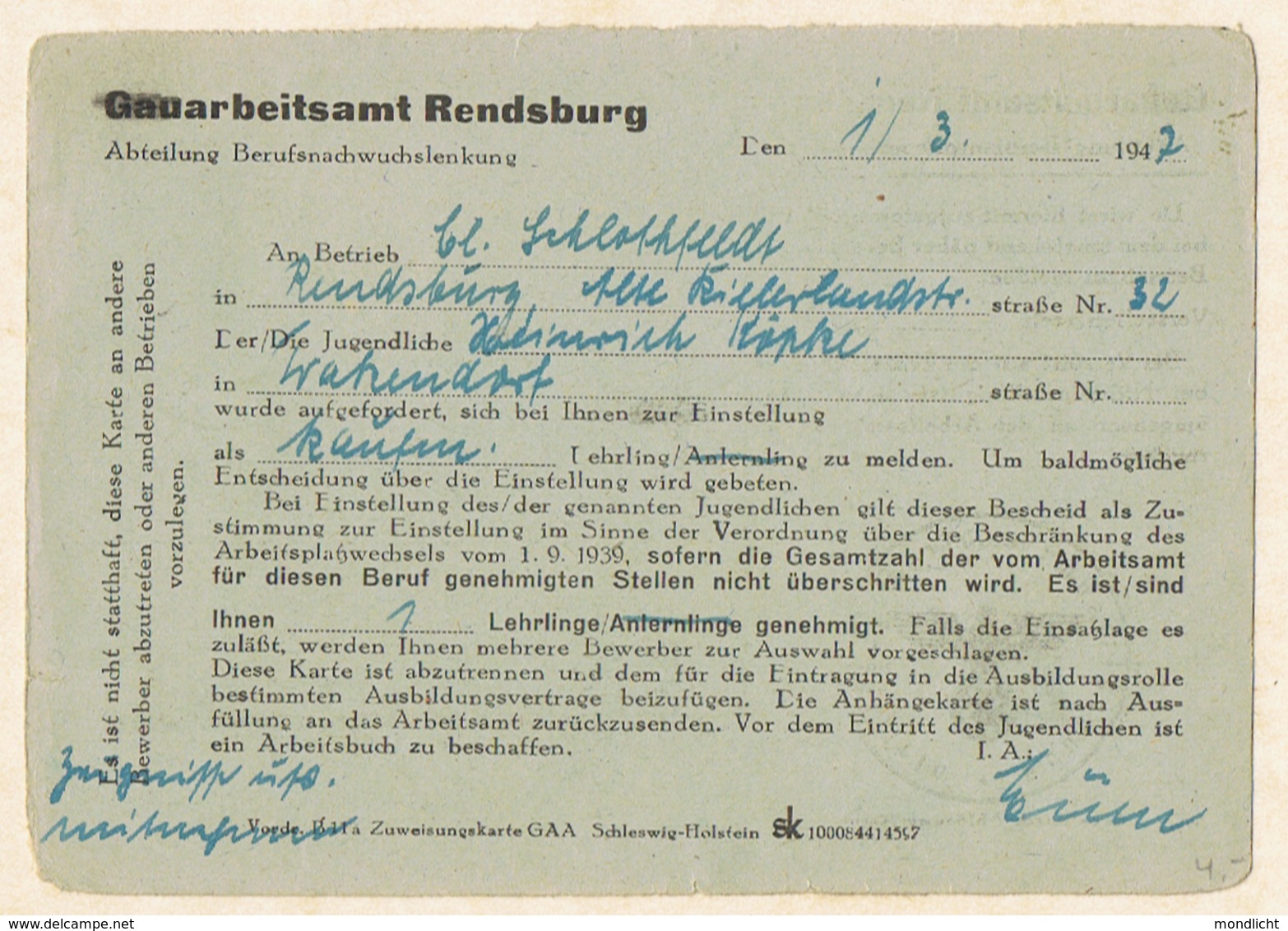 Alliierte Besetzung, Gemeinschaftsausgabe, Ganzstück, Behördenpost (Gau-)Arbeitsamt Rendsburg 1947. - Sonstige & Ohne Zuordnung