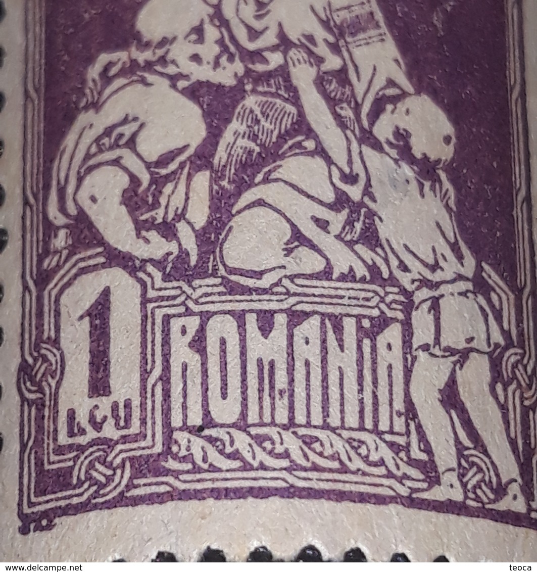 Errors Romania 1921 Social Assistance, 1 LEU LILA, WITH  CIRCLE POINTS ON "M"  AND  "A" ROMA IA, MNH WITH - Variétés Et Curiosités