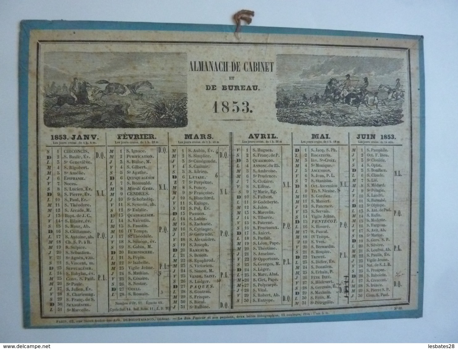 ALMANACH  De Cabinet Et Bureau 1853 CALENDRIER ANNUEL Allégorie  Lithographie - Grand Format : ...-1900