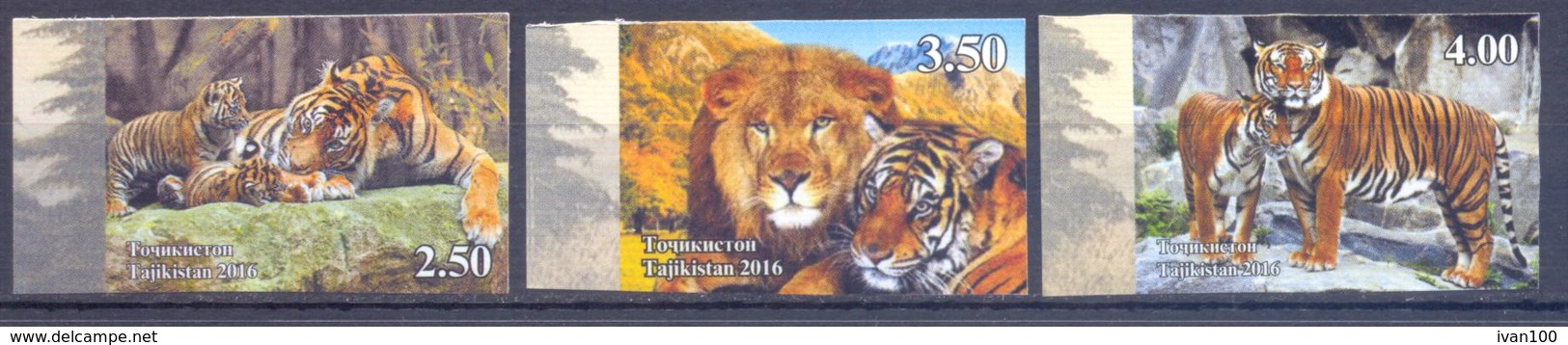 2016. Tajikistan, Wild Cats, 3v IMPERFORATED, Mint/** - Tajikistan