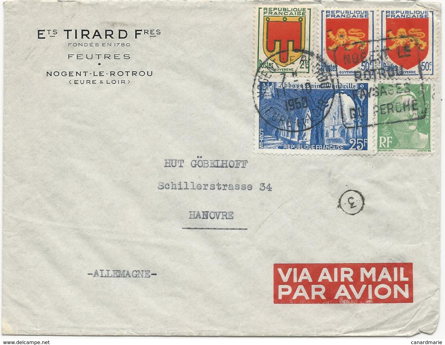 LETTRE PAR AVION POUR L'ALLEMAGNE 1950 AVEC 5 TIMBRES TYPES BLASONS / GANDON / SAINT WANDRILLE - 1921-1960: Modern Period