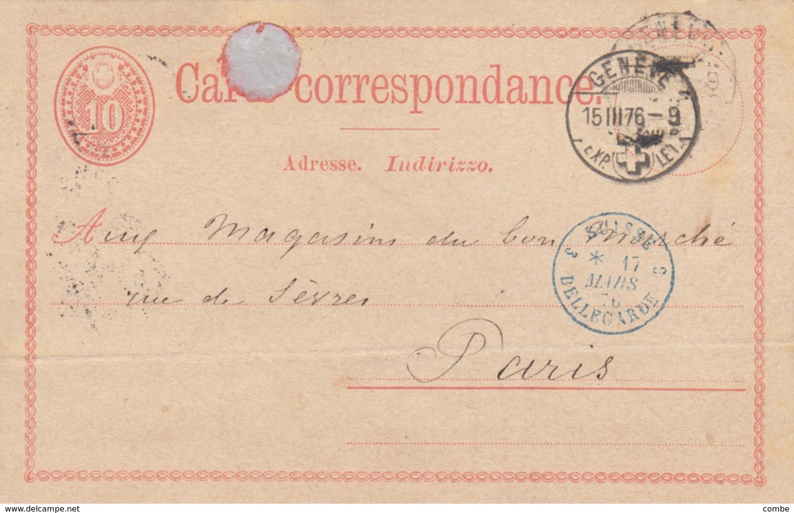 CARD SWITZERLAND 1876. GENEVE TO FRANCE ENTREE SUISSE BELLEGARDE - Sonstige & Ohne Zuordnung