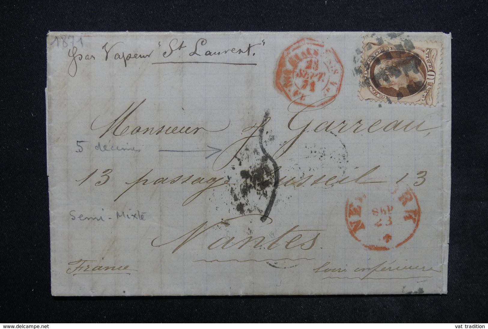 ETATS UNIS - Lettre De New York Pour La France En 1871 , Affranchissement Plaisant - L 24262 - Covers & Documents