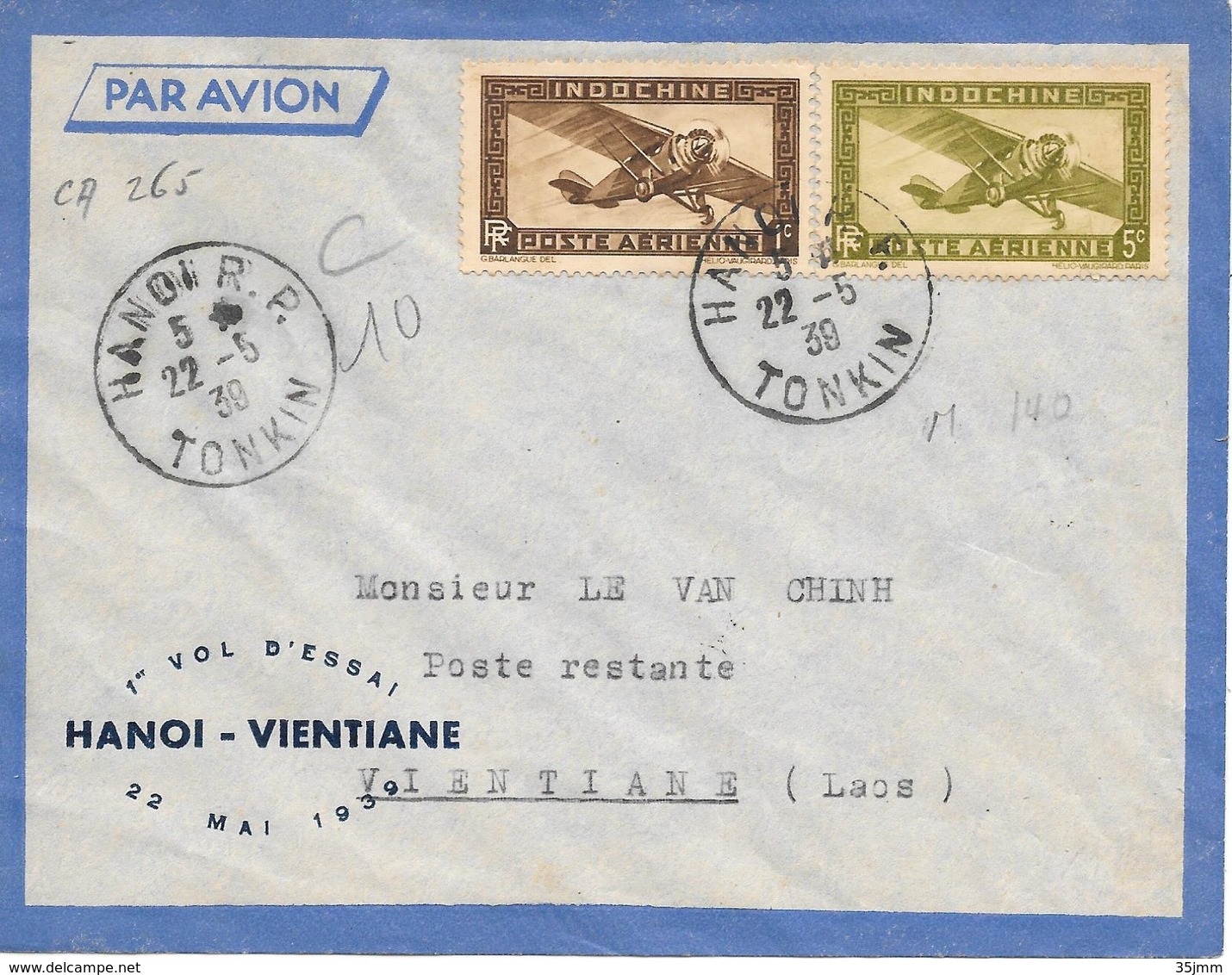 Indochine 1er Vol D'essais Hanoi Vientiane 1939 - Poste Aérienne