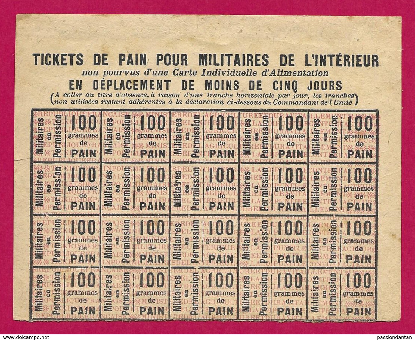 Planche De Tickets De Pain Pour Militaires De L'intérieur En Déplacement De Moins De Cinq Jours - 1914-18