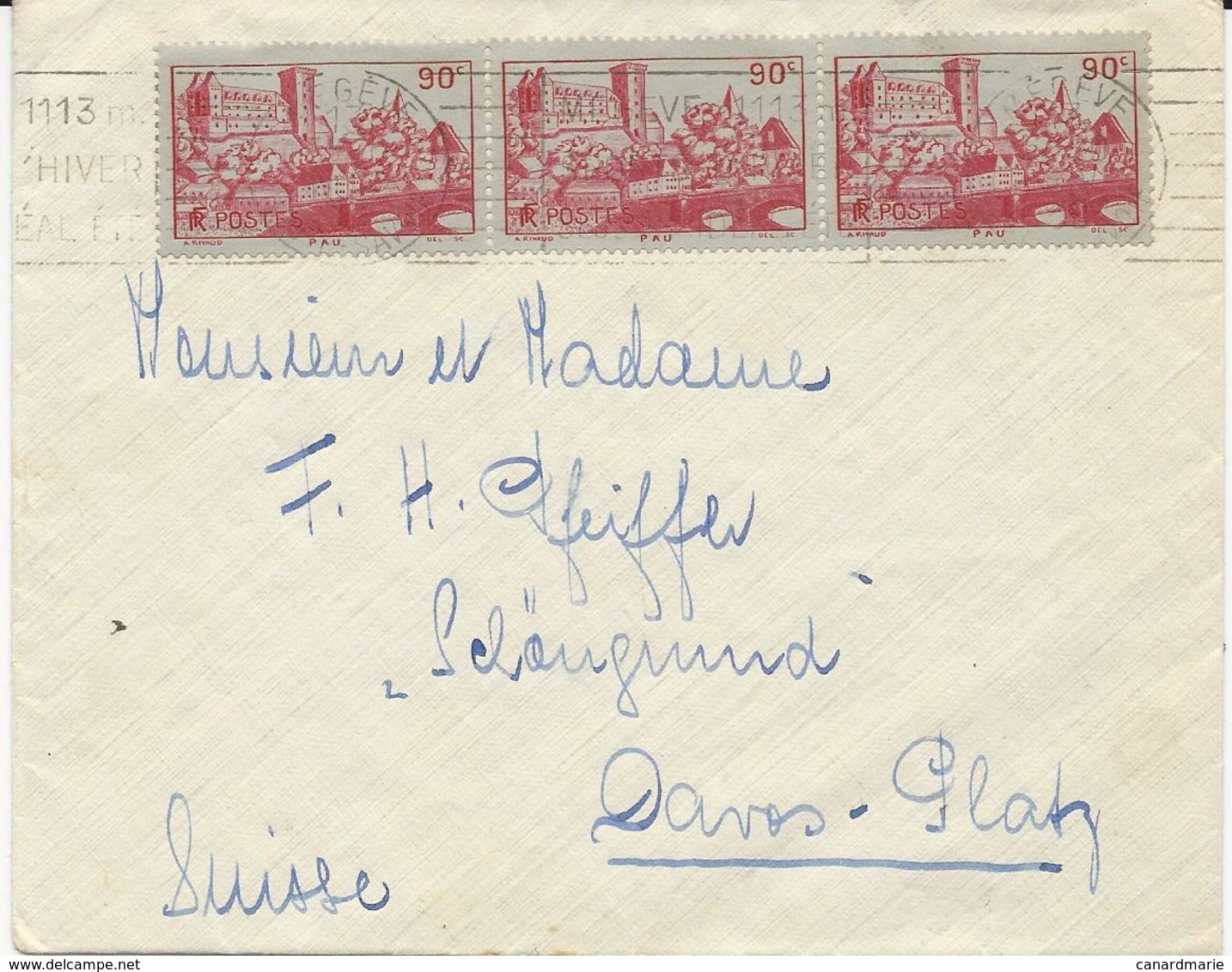 LETTRE POUR LA SUISSE 1939 AVEC BANDE DE 3 TIMBRES CHATEAU DE HENRI IV PAU - 1921-1960: Modern Period