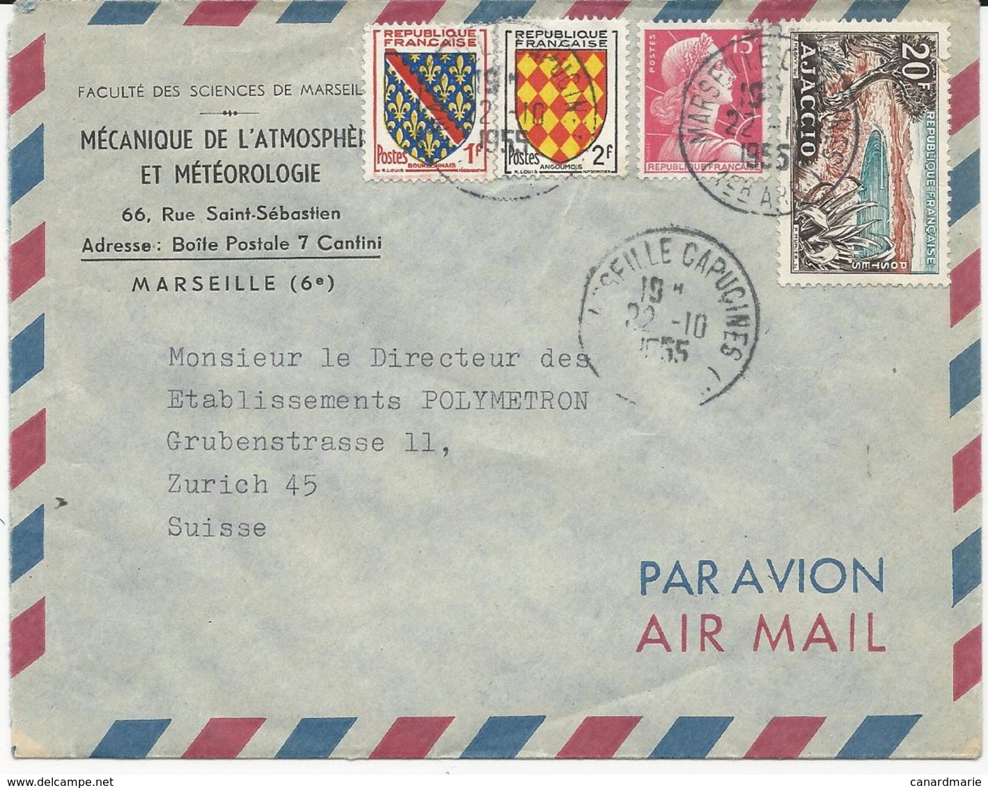 LETTRE PAR AVION POUR LA SUISSE 1955 AVEC 4 TIMBRES TYPES BLASONS / MARIANNE DE MULLER / AJACCIO - 1921-1960: Modern Period