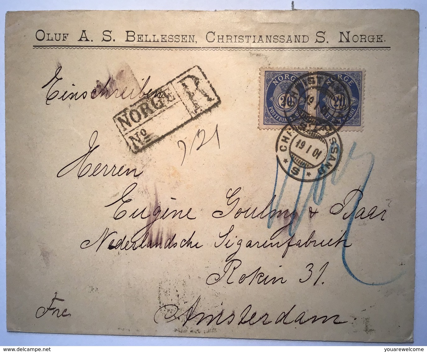 Norway NK UNRECORDED Registered Cover CHRISTIANSSAND 1901 > Netherlands (Norvége Lettre Amsterdam Brief Norwegen - Briefe U. Dokumente