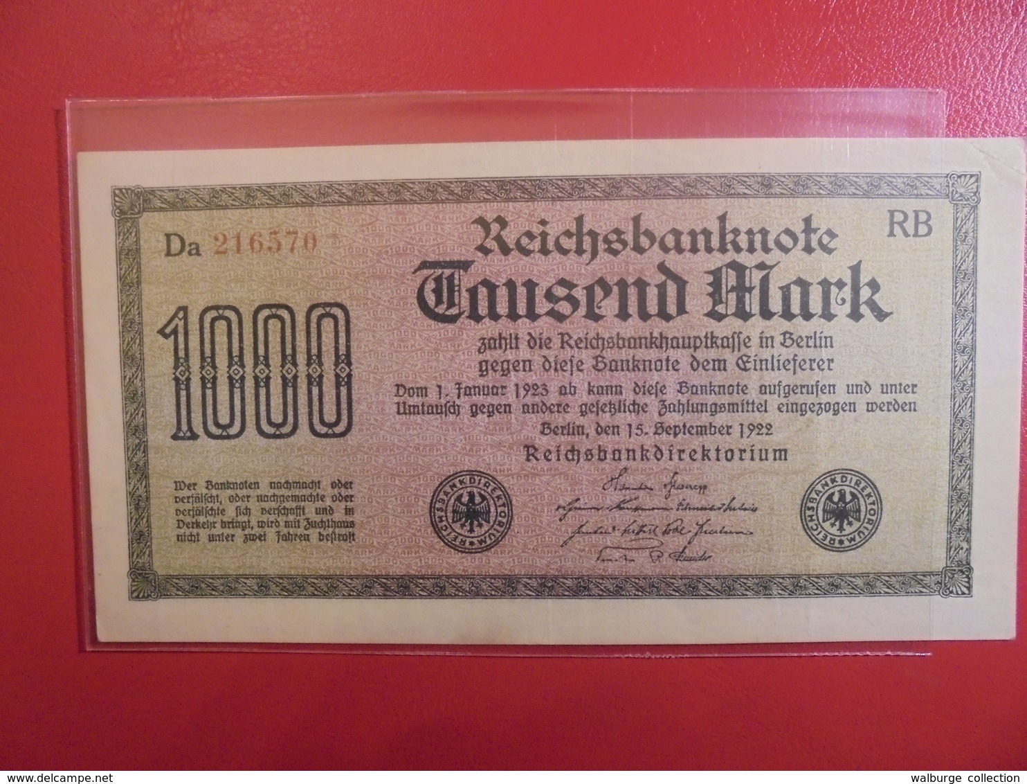 Reichsbanknote 1000 MARK 1922 VARIETE N°1 - 1.000 Mark