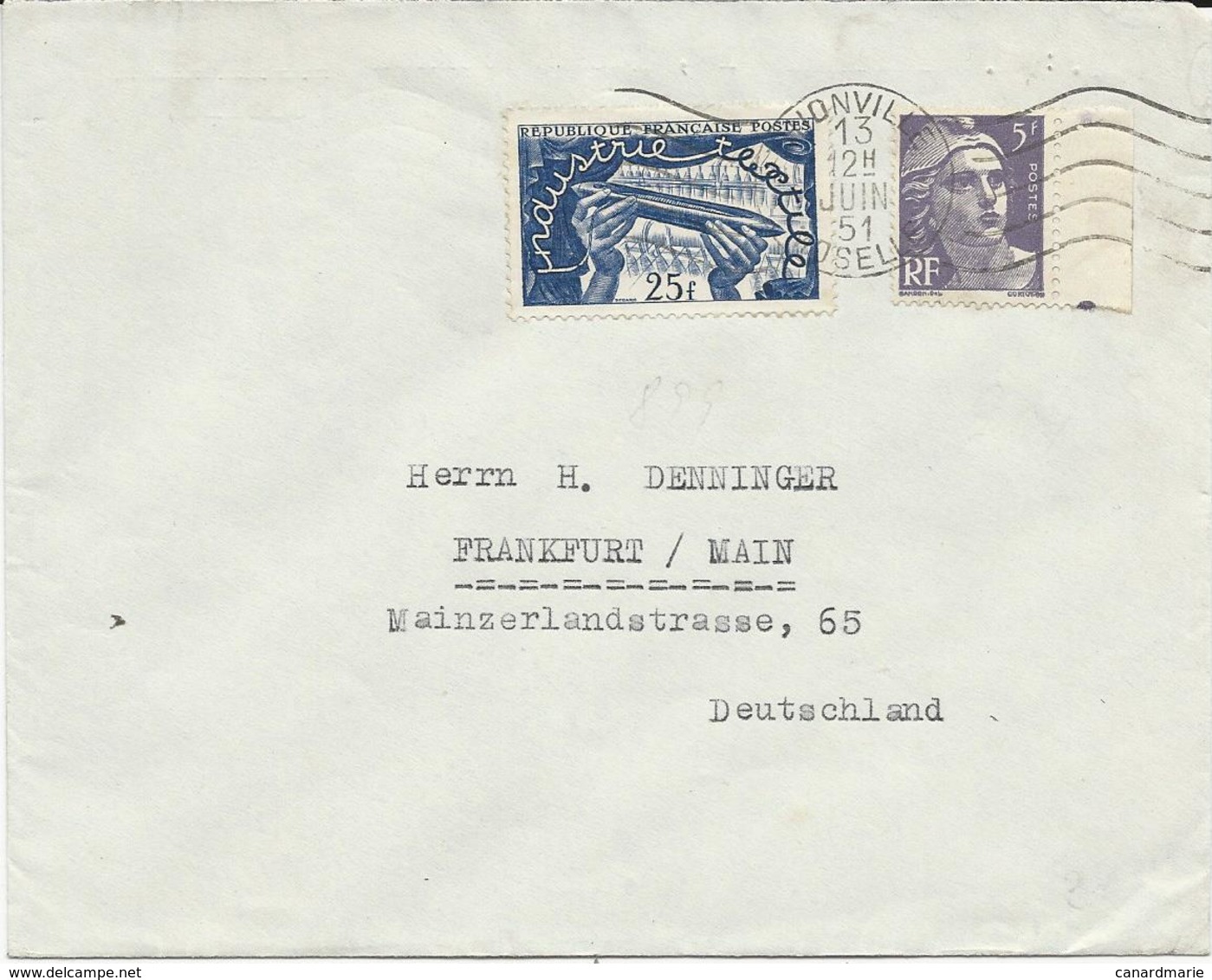 LETTRE  1951 POUR L'ALLEMAGNE AVEC 2 TIMBRES INDUSTRIE TEXTILE / GANDON ET CACHET DE THIONVILLE MOSELLE - Briefe U. Dokumente