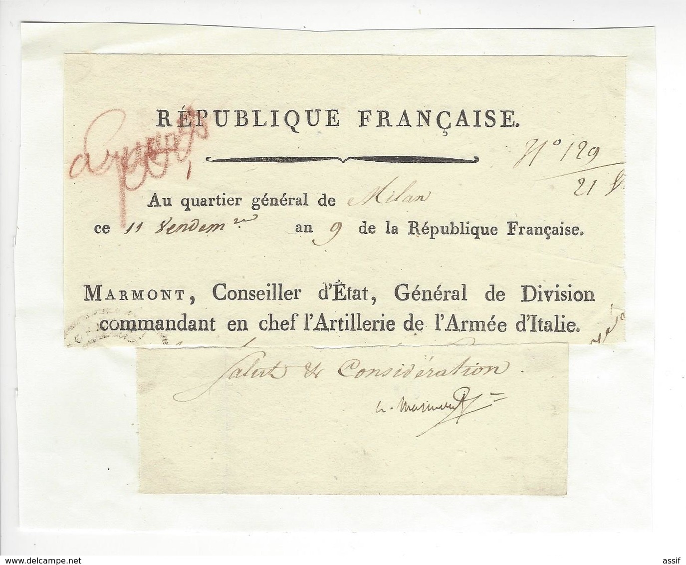 Maréchal Empire Auguste-Frédéric-Louis Viesse De Marmont (1774-1852) 1800 AUTOGRAPHE ORIGINAL AUTOGRAPH /FREE SHIP. R - Other & Unclassified