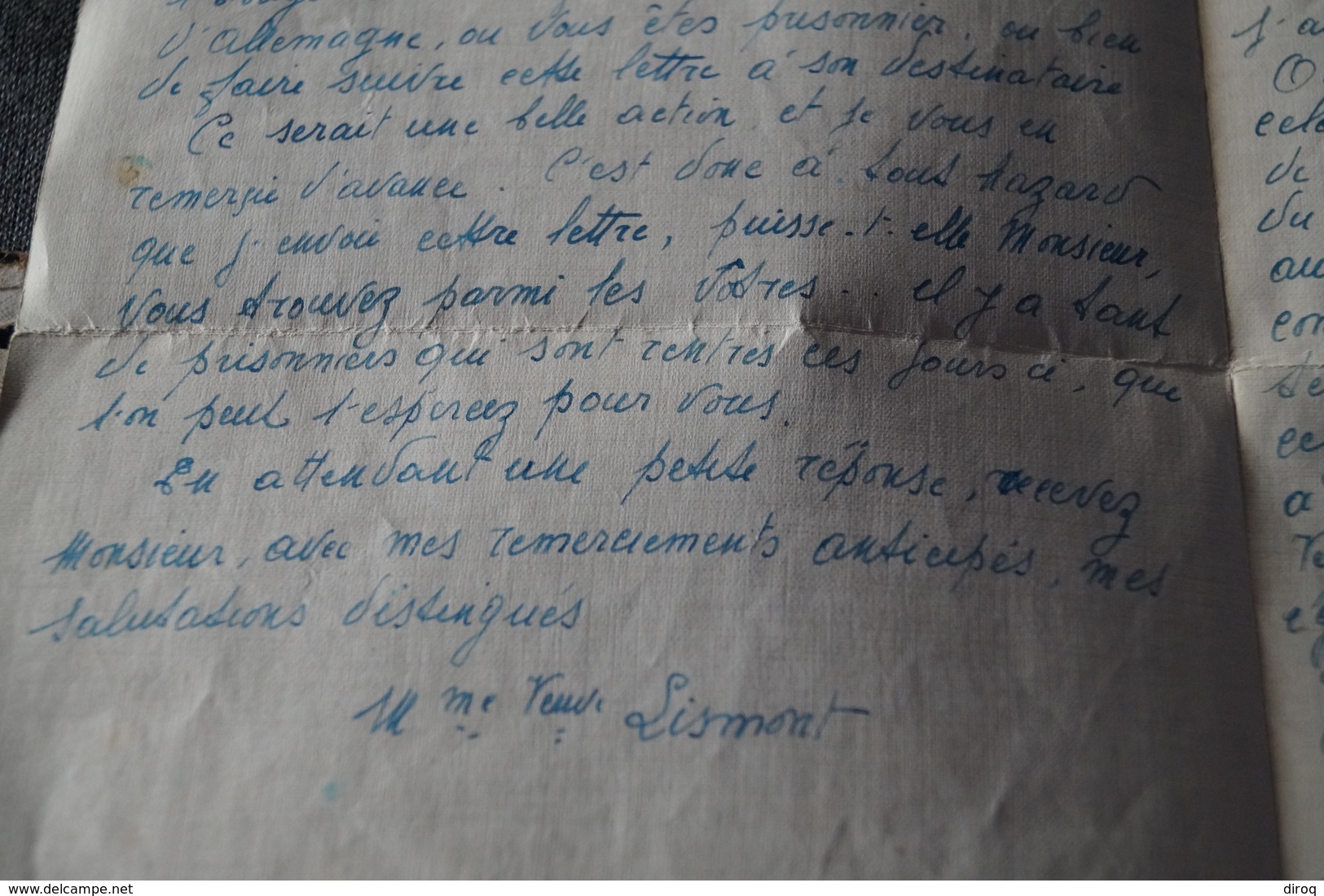 ancien document manuscrit d'une épouse de soldat tué au combat,André Lismont 1941,original