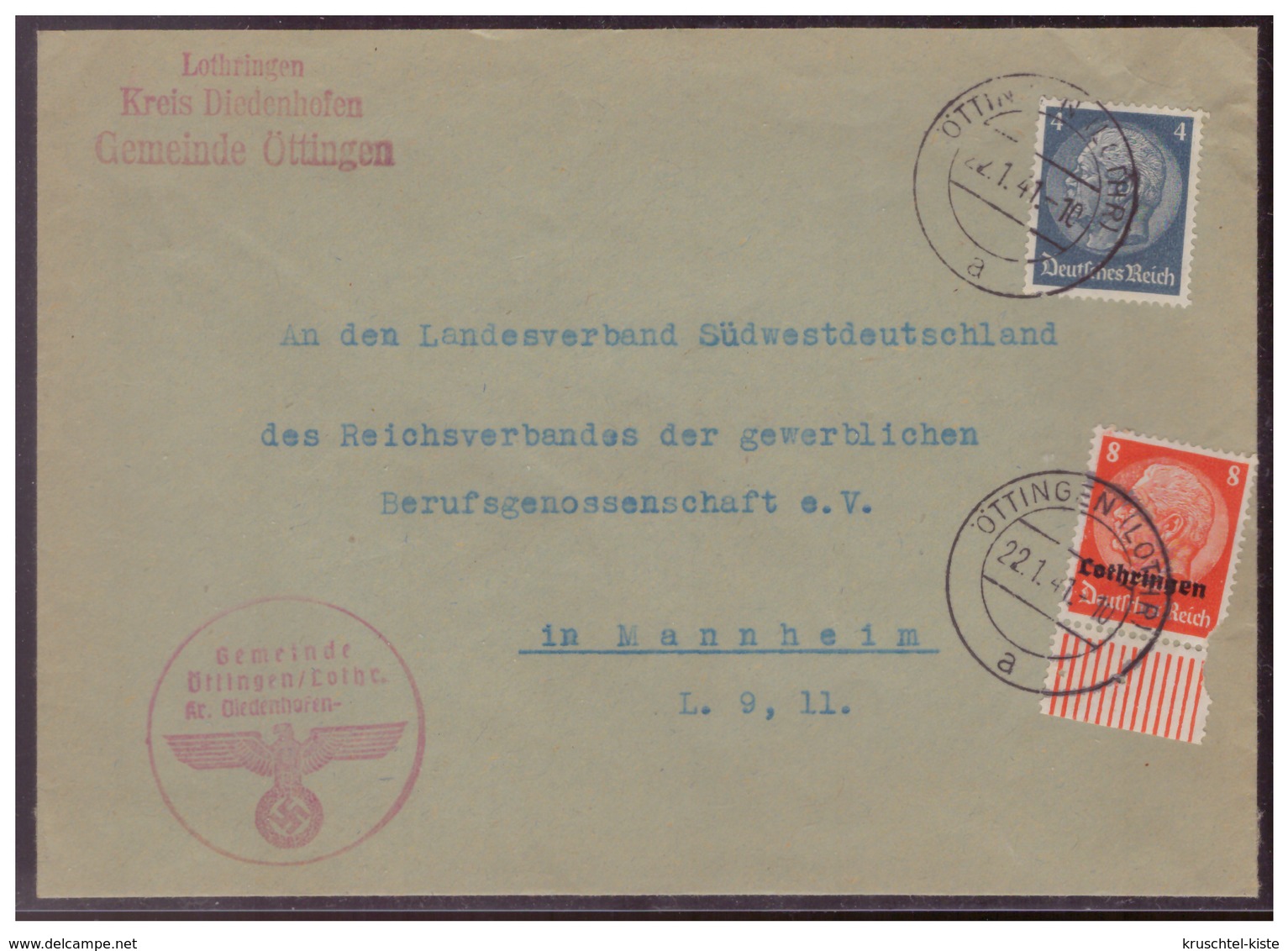 WK II (00007642) Lothringen Brief Mischfrankatur Dt-Reich Mit  Marken Lothringen Gelaufen Von Gemeide Öttingen Am 22.1. - Occupation 1938-45