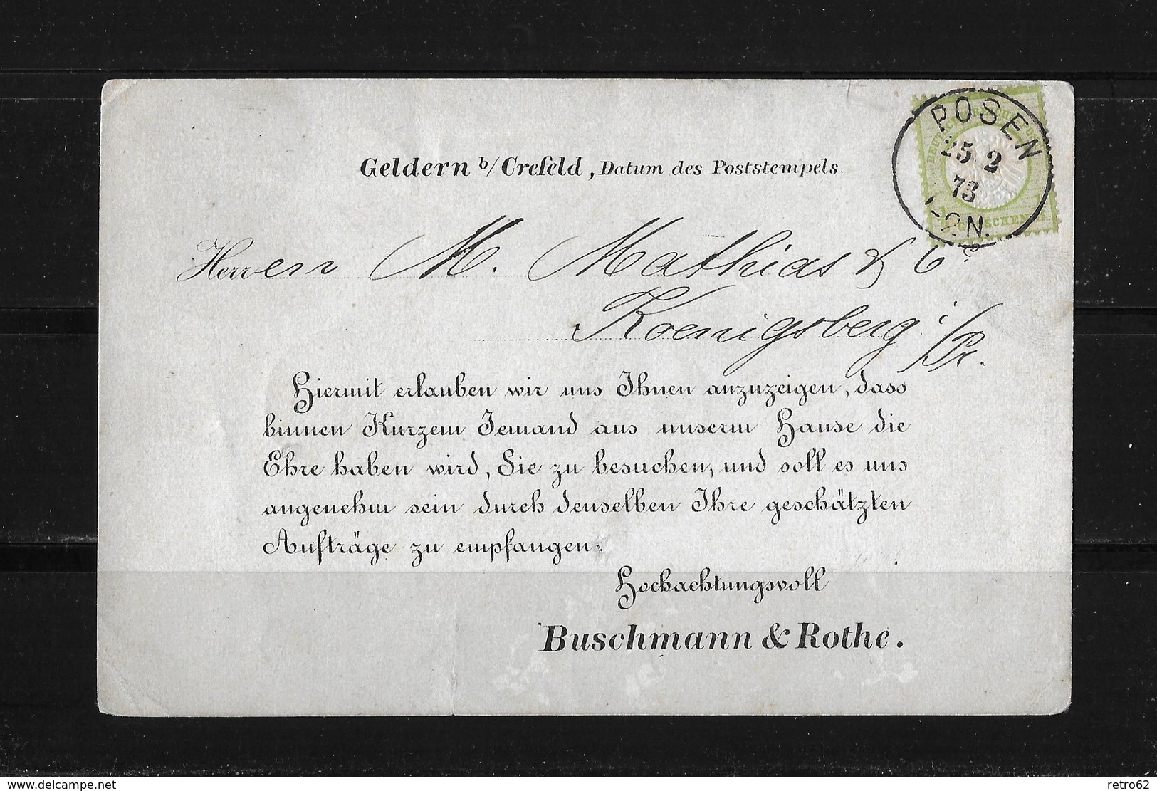 1873 DEUTSCHES REICH → Postkarte Posen (Buschmann & Rothe) Nach Königsberg - Lettres & Documents