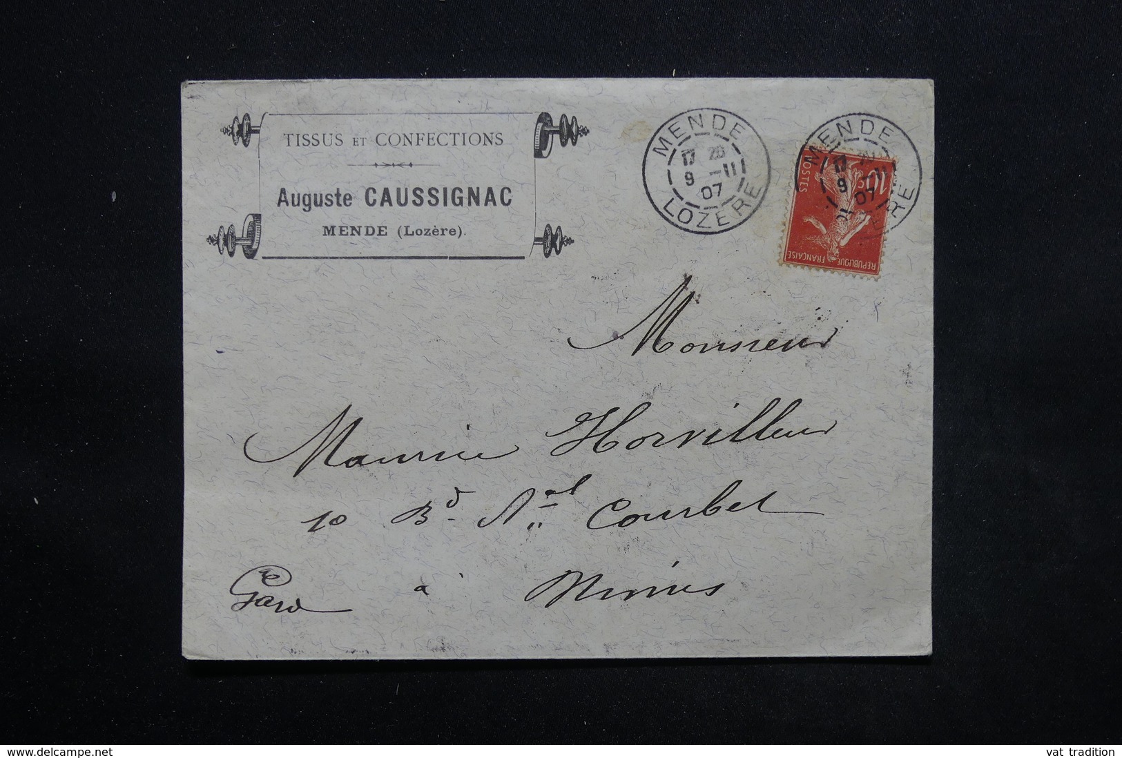 FRANCE - Enveloppe Commerciale De Mende Pour Nîmes En 1907 , Affranchissement Semeuse - L 24321 - 1877-1920: Période Semi Moderne