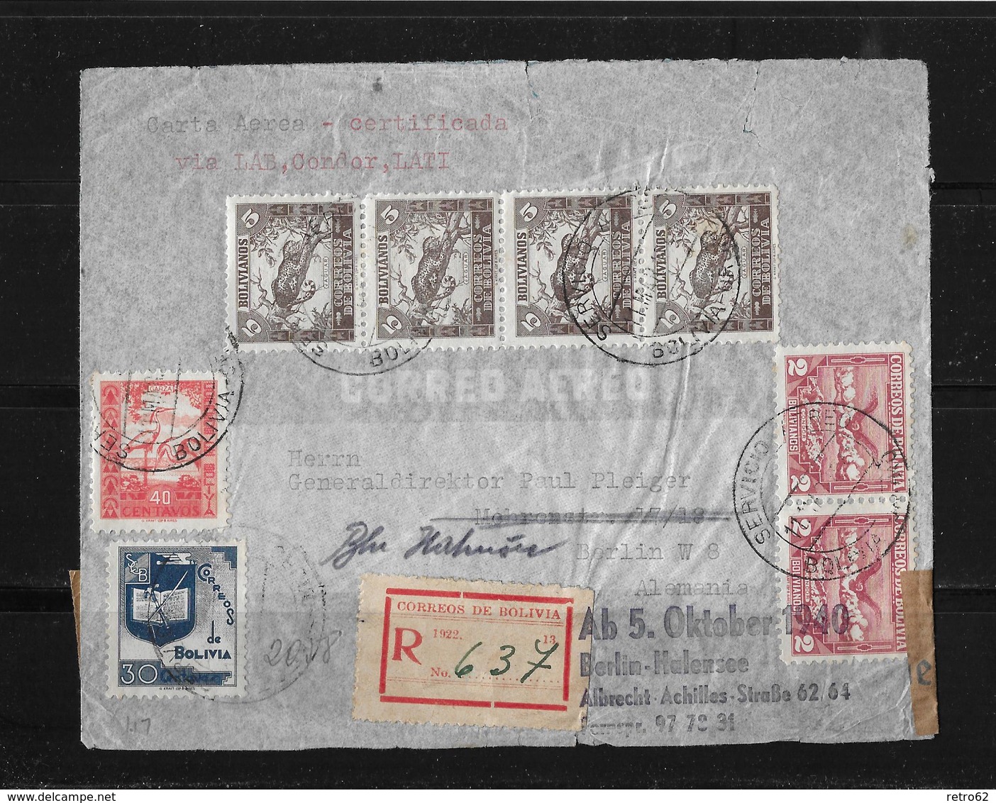 1941 BOLIVIEN → Luftpost (Correos De Bolivia) Zensur R-Brief Nach Berlin-Halensee  ►RAR◄ - Bolivie