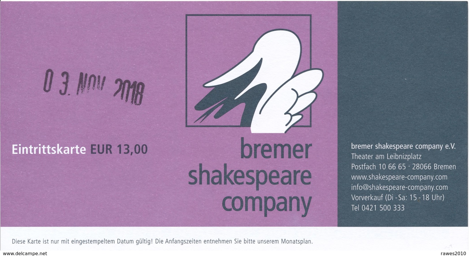 Bremen Eintrittskarte 2018 Bremer Shakespeare Company Theater - Eintrittskarten