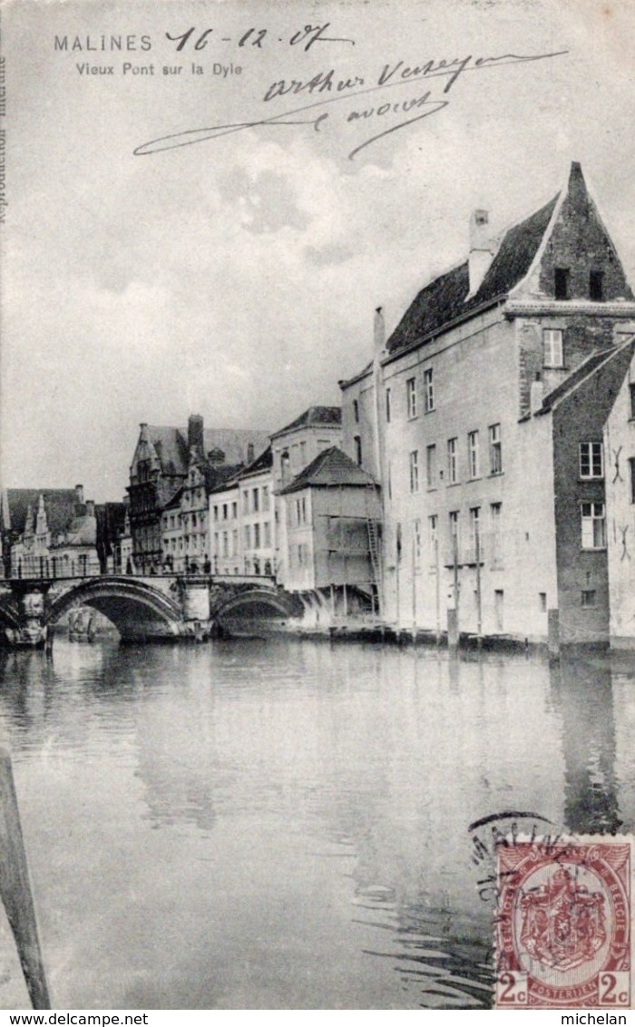 CPA   BELGIQUE--VIEUX PONT SUR LA DYLE---1907---TAMPON VIOLET A. VERHEYEN AVOCAAT---MECHELEN - Mechelen