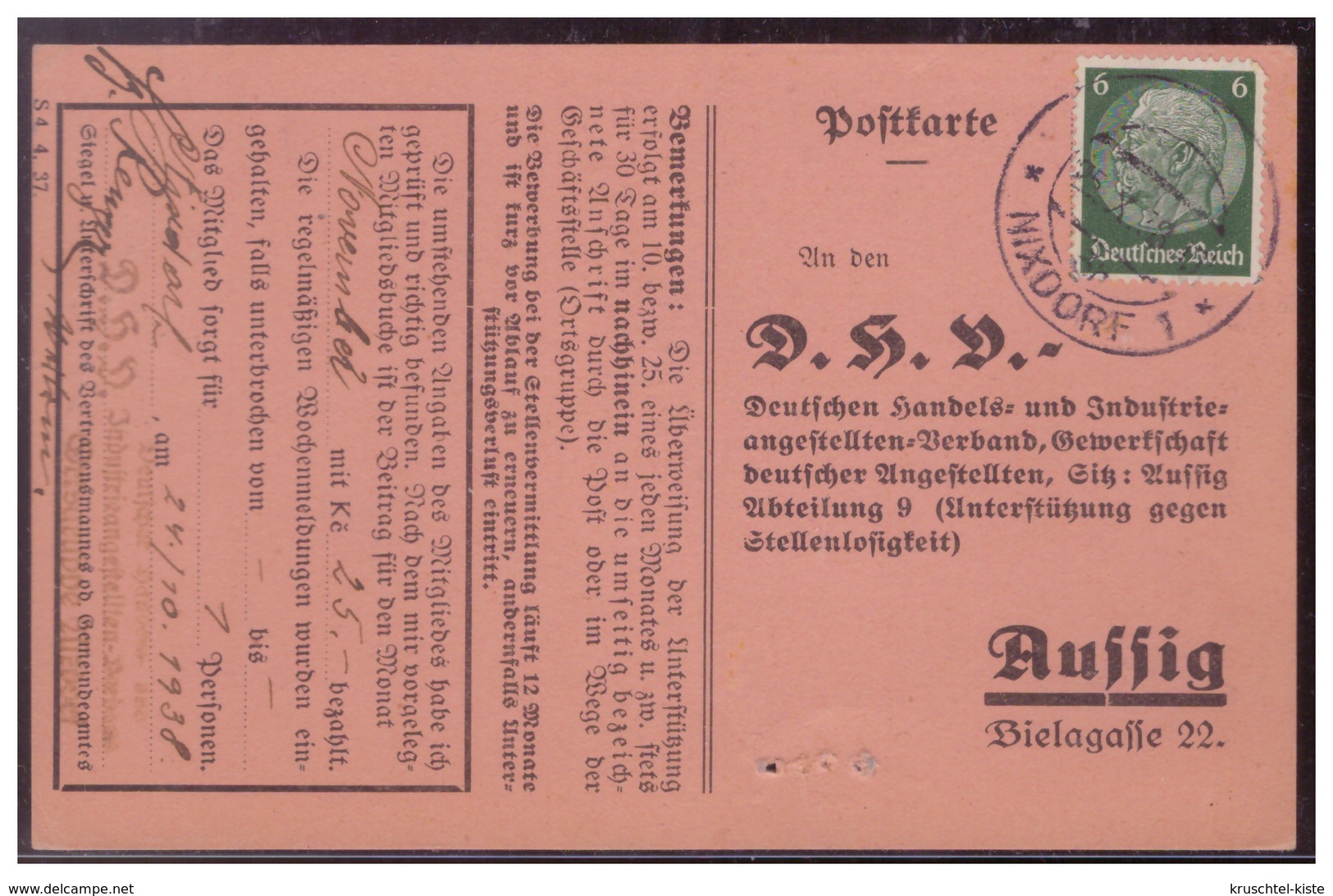 Böhmen Und Mähren (00007645) Postkarte Deutsche Handels Und Industrieangestellten Verband Assig Mit Appotierten Stempel - Covers & Documents