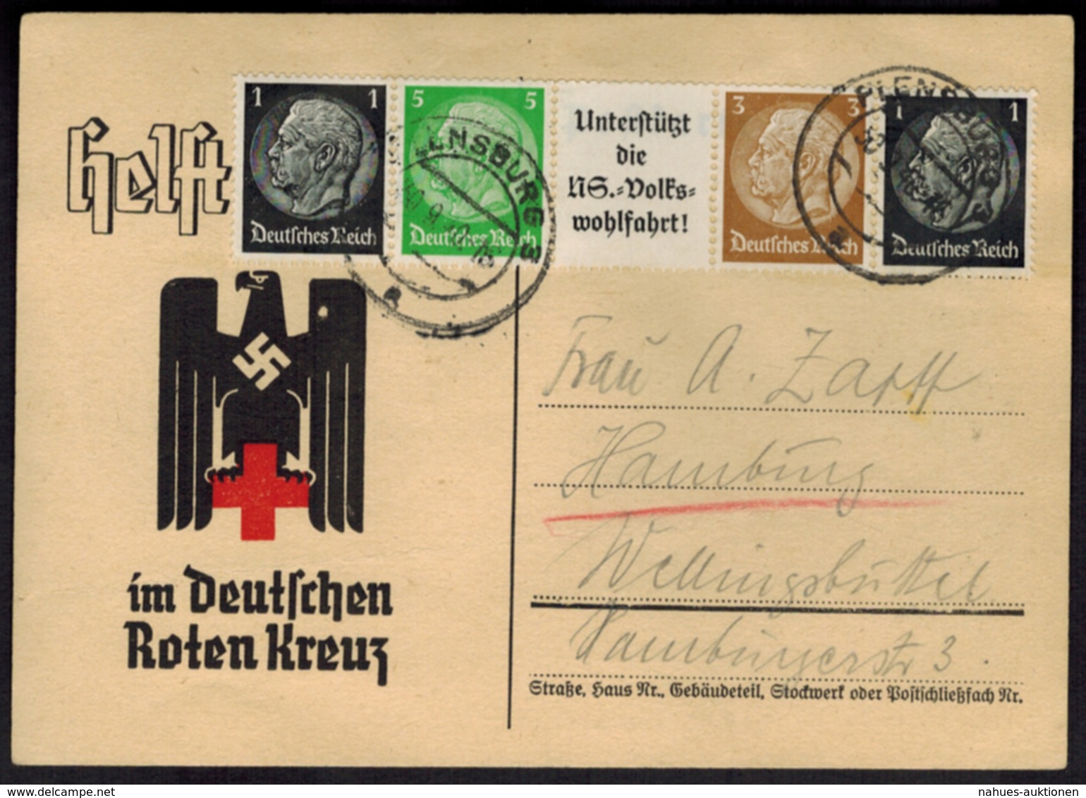 Deutsches Reich Zusammendruck Auf Karte Des Roten Kreuzes Flensburg 1940 - Se-Tenant